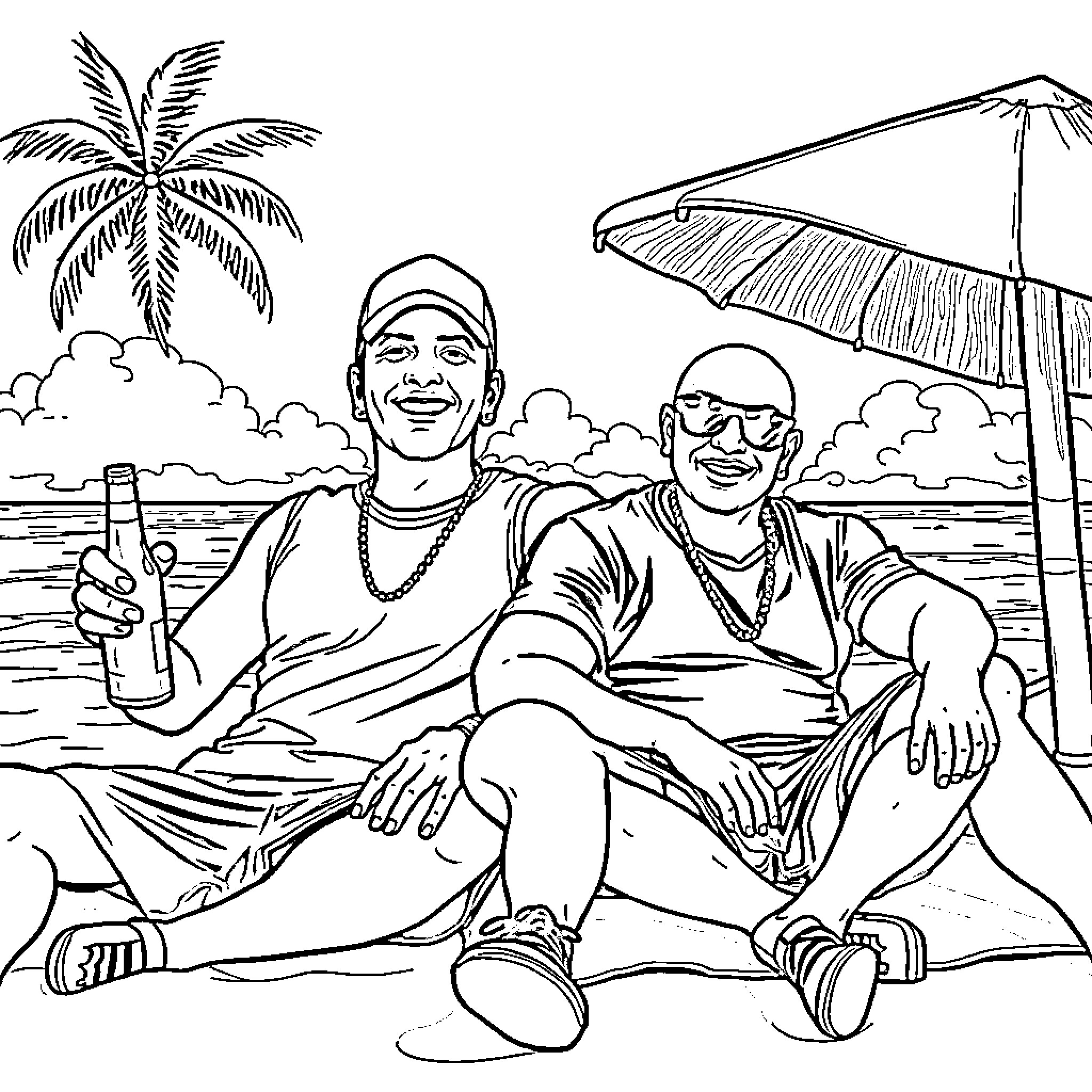 Eminem enjoying a sunny day at the beach with a friend Coloring Page (free black-and-white line drawing printable PDF for all, from beginners to advanced learners, including children, teens, adults, and seniors)