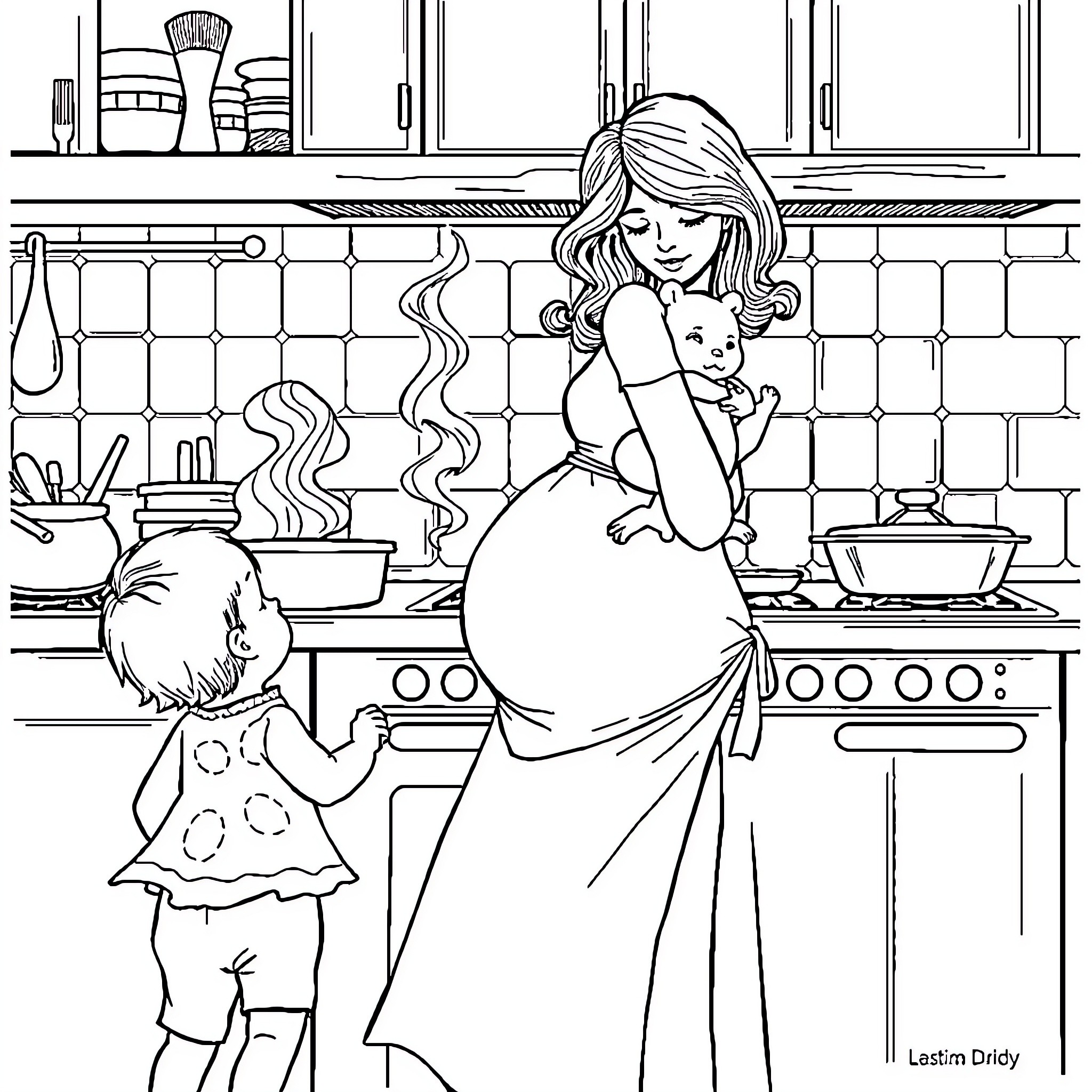 Woman caring for child in the kitchen Coloring Page (free black-and-white line drawing printable PDF for all, from beginners to advanced learners, including children, teens, adults, and seniors)