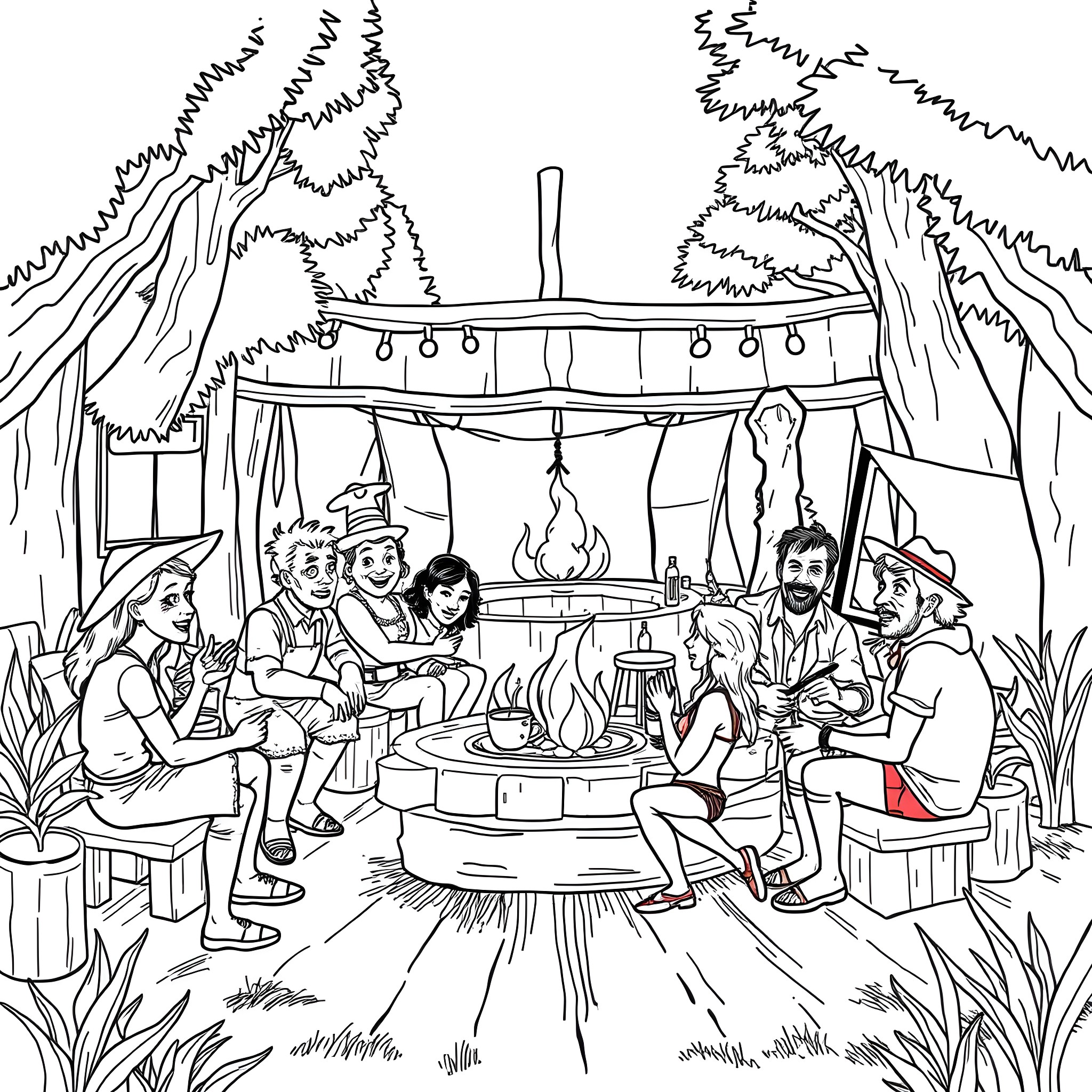 Total Drama Outdoor Adventure Party Coloring Page (free black-and-white line drawing printable PDF for all, from beginners to advanced learners, including children, teens, adults, and seniors)