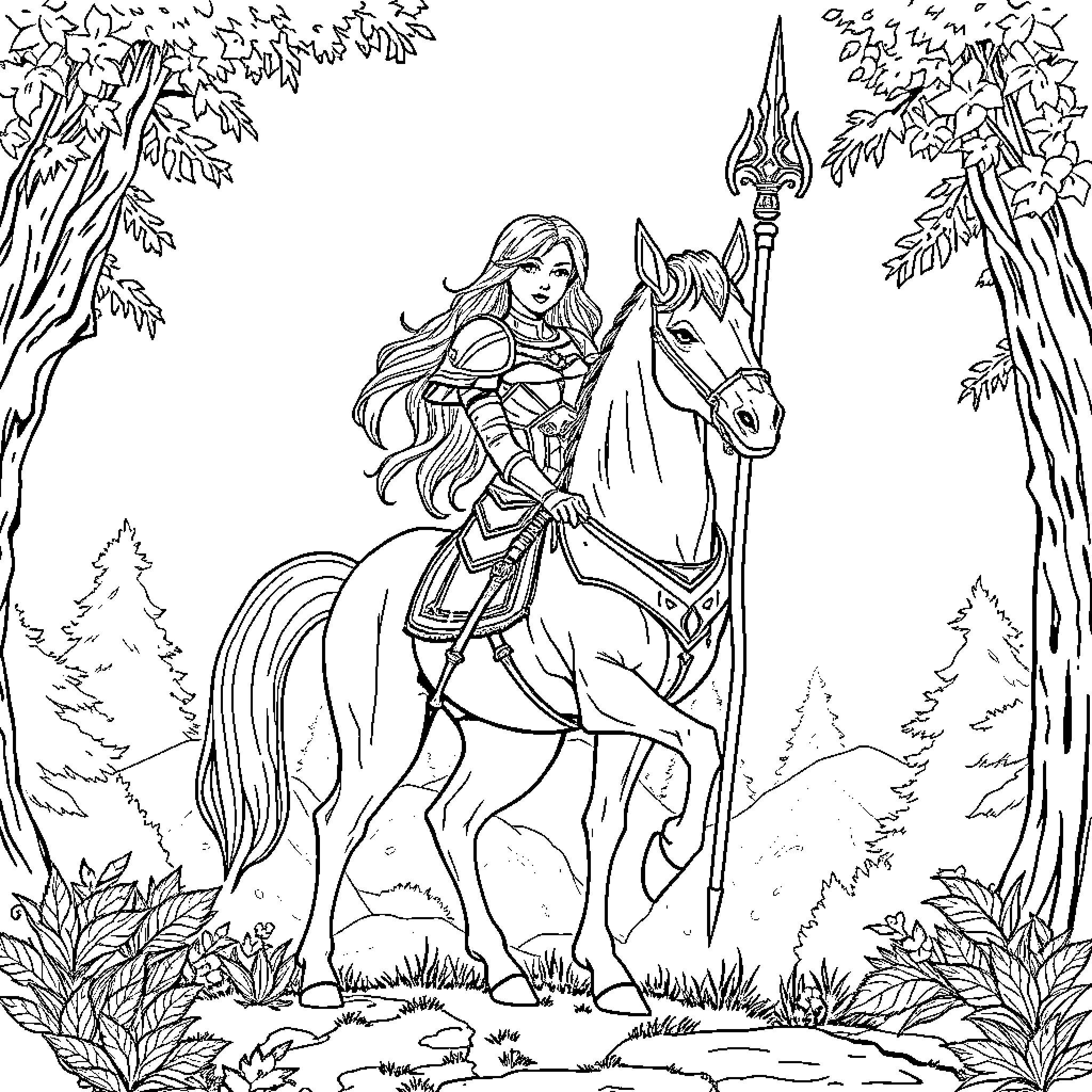 Centaur warrior woman riding through the forest Coloring Page (free black-and-white line drawing printable PDF for all, from beginners to advanced learners, including children, teens, adults, and seniors)