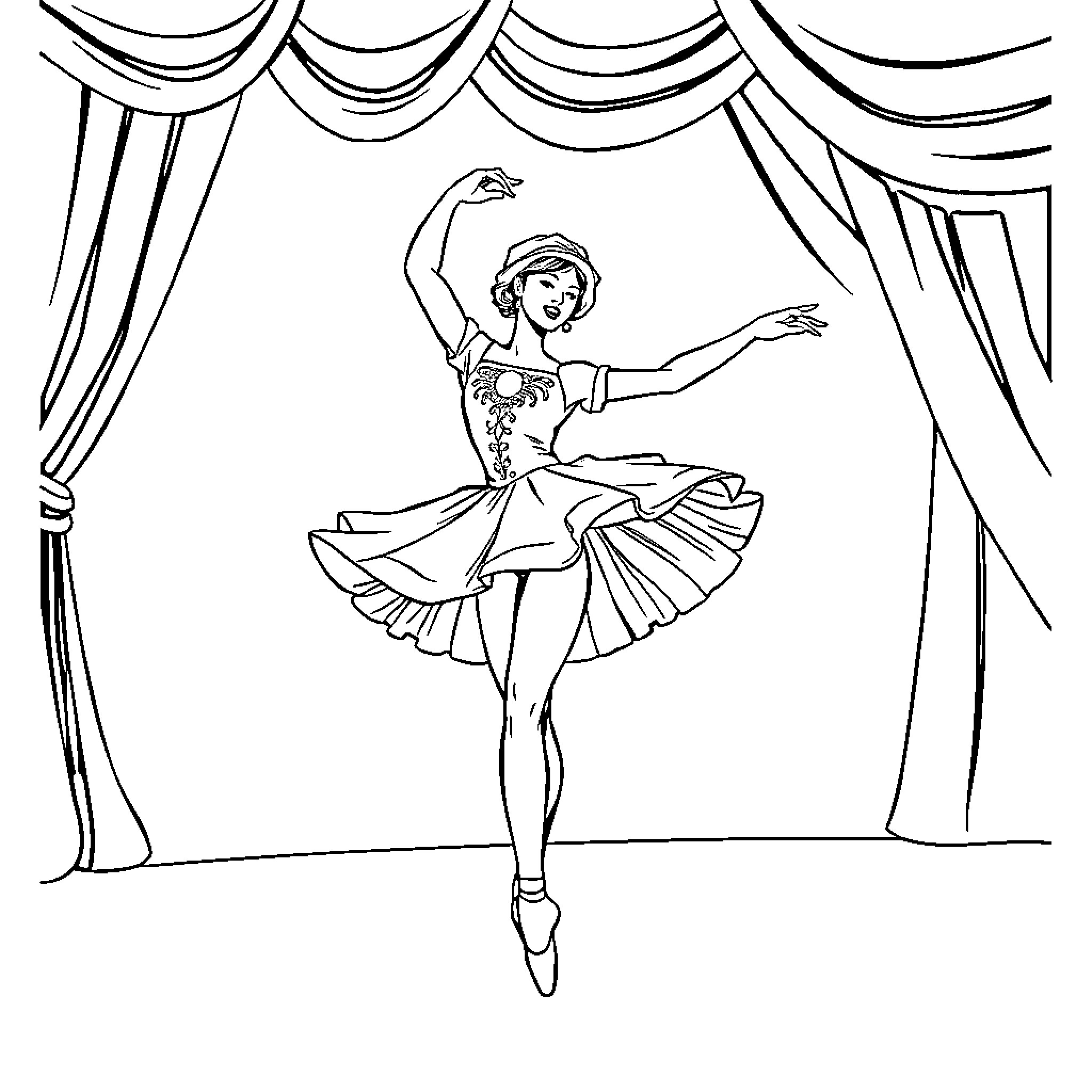 Ballerina Performing on Stage with Curtains Coloring Page (free black-and-white line drawing printable PDF for all, from beginners to advanced learners, including children, teens, adults, and seniors)