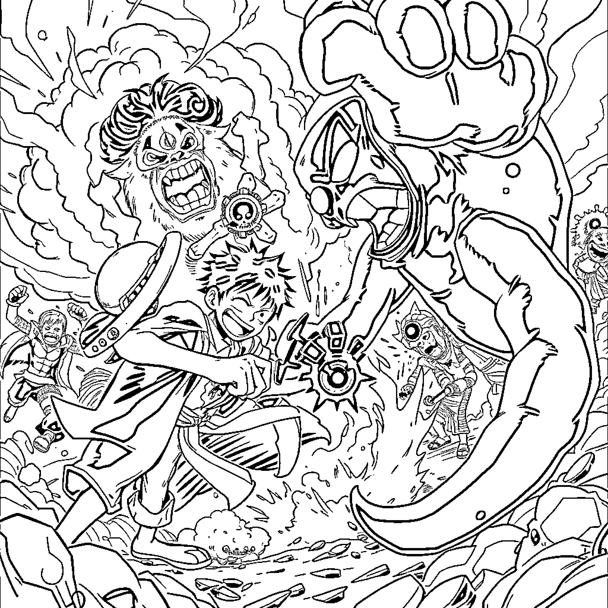 Luffy Battles Powerful Foes in Chaotic Scene Coloring Page (free black-and-white line drawing printable PDF for all, from beginners to advanced learners, including children, teens, adults, and seniors)