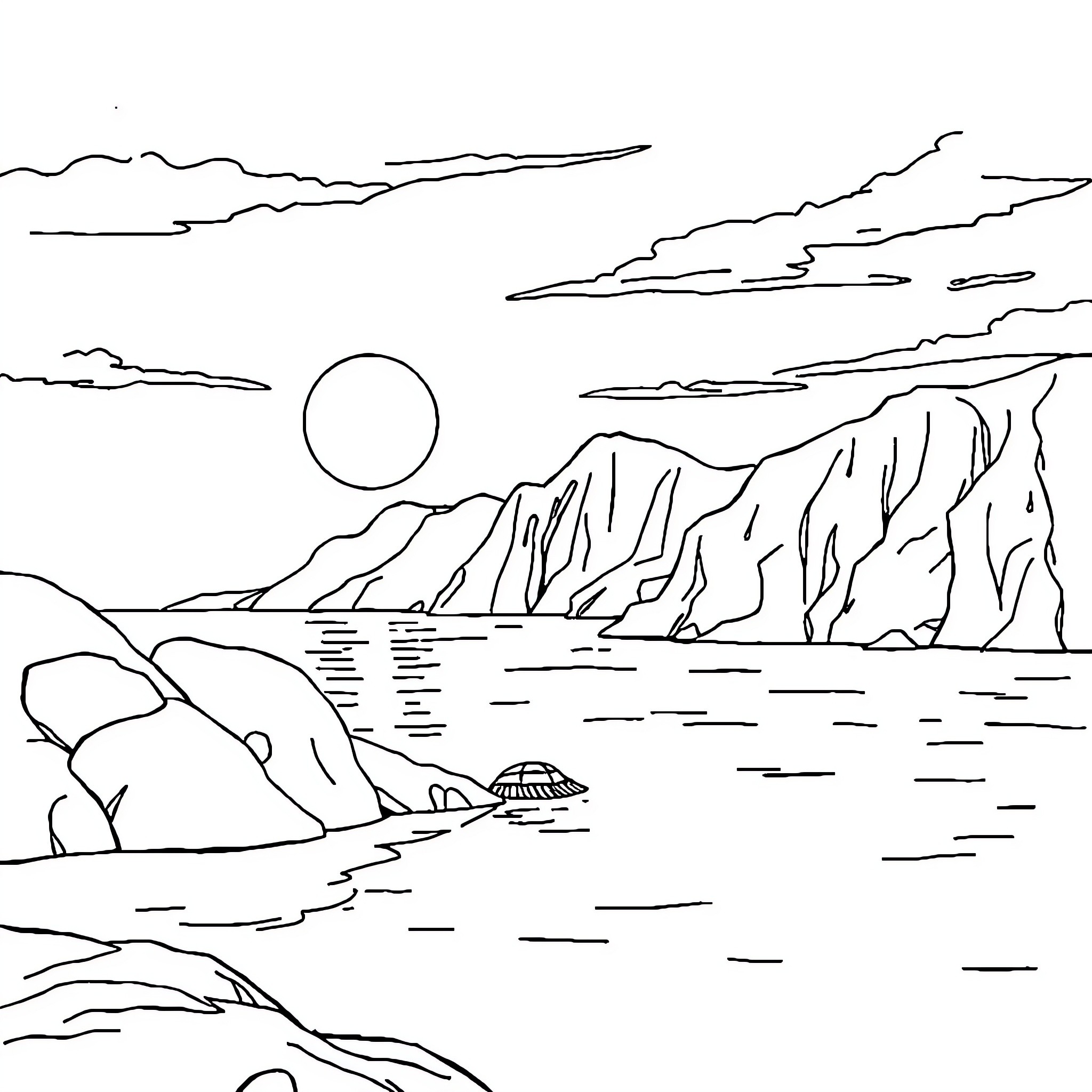 Shark swimming in serene coastal landscape Coloring Page (free black-and-white line drawing printable PDF for all, from beginners to advanced learners, including children, teens, adults, and seniors)