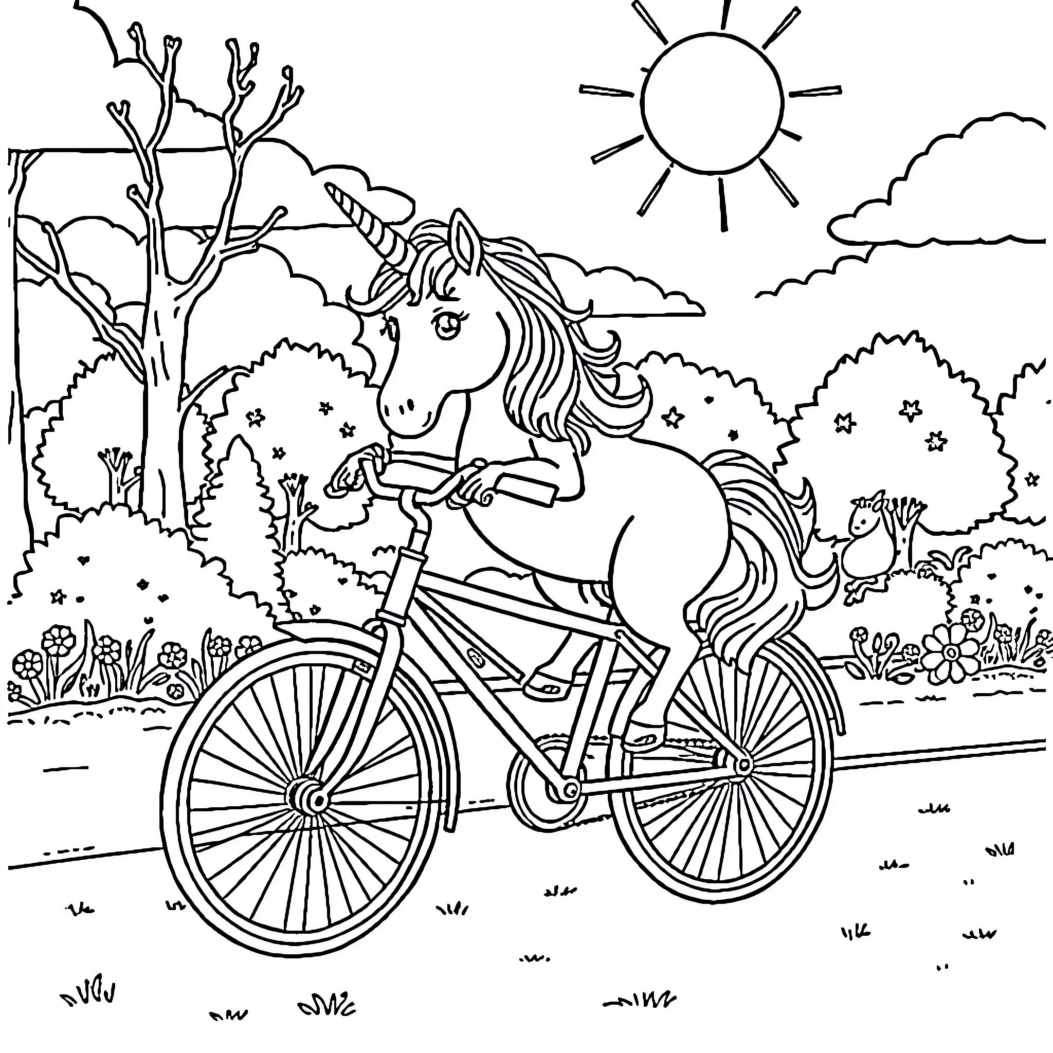 Unicorn riding a bicycle in a nature landscape Coloring Page (free black-and-white line drawing printable PDF for all, from beginners to advanced learners, including children, teens, adults, and seniors)