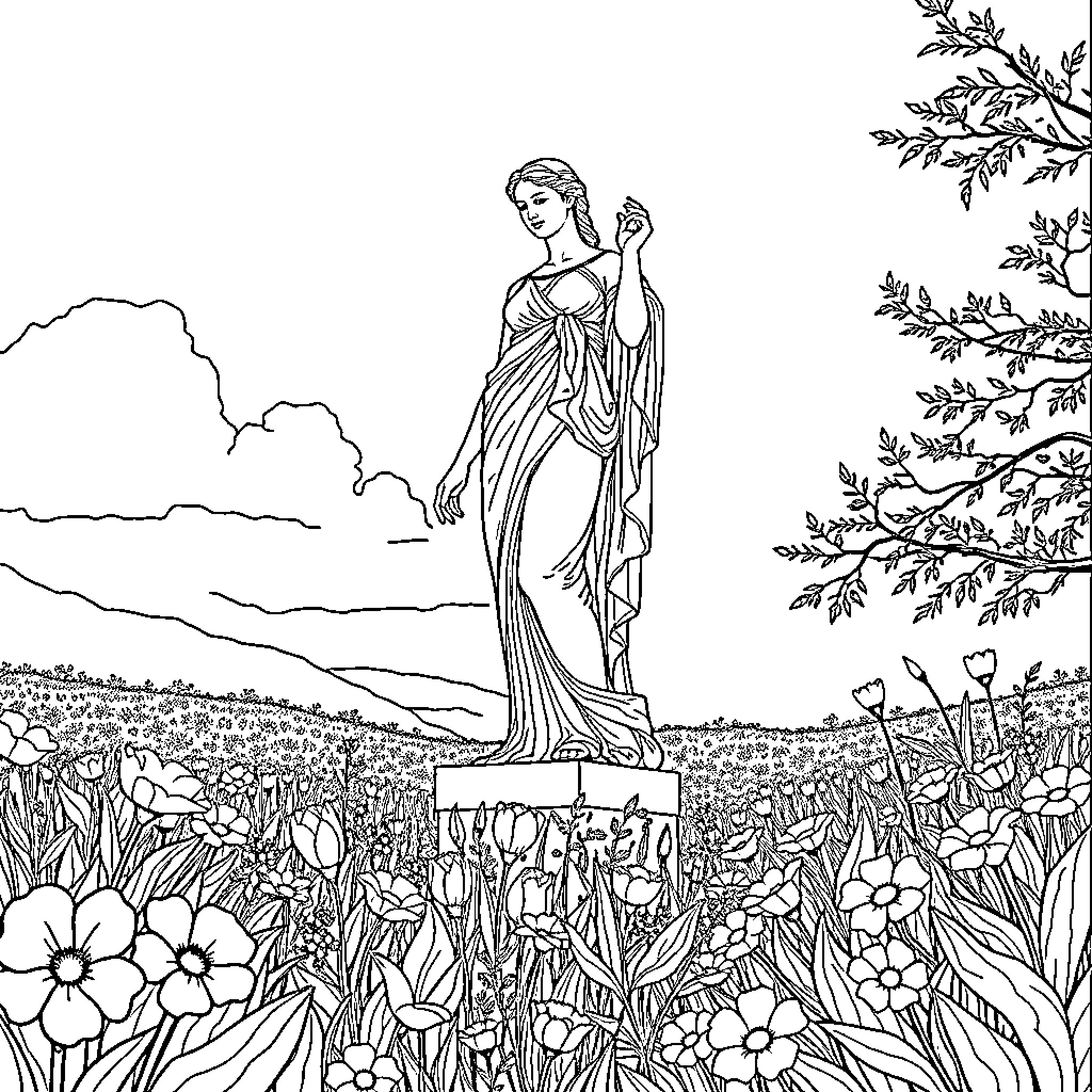 Venus in a Serene Floral Landscape Coloring Page (free black-and-white line drawing printable PDF for all, from beginners to advanced learners, including children, teens, adults, and seniors)