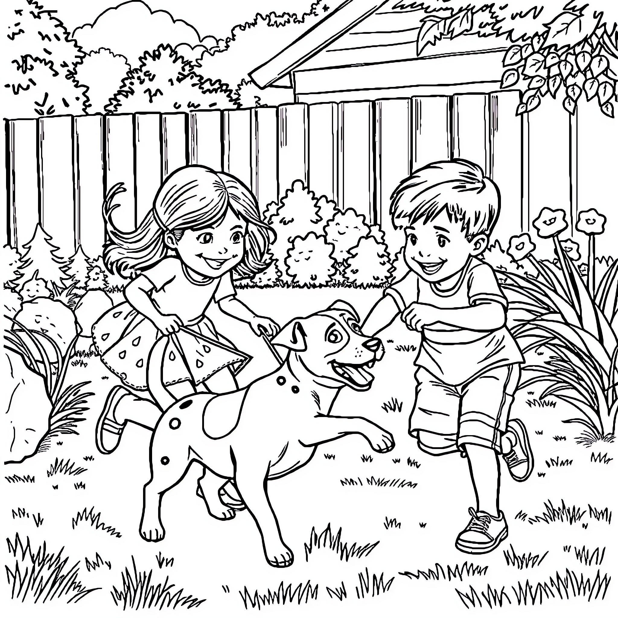 Child playing with dog in backyard Coloring Page (free black-and-white line drawing printable PDF for all, from beginners to advanced learners, including children, teens, adults, and seniors)