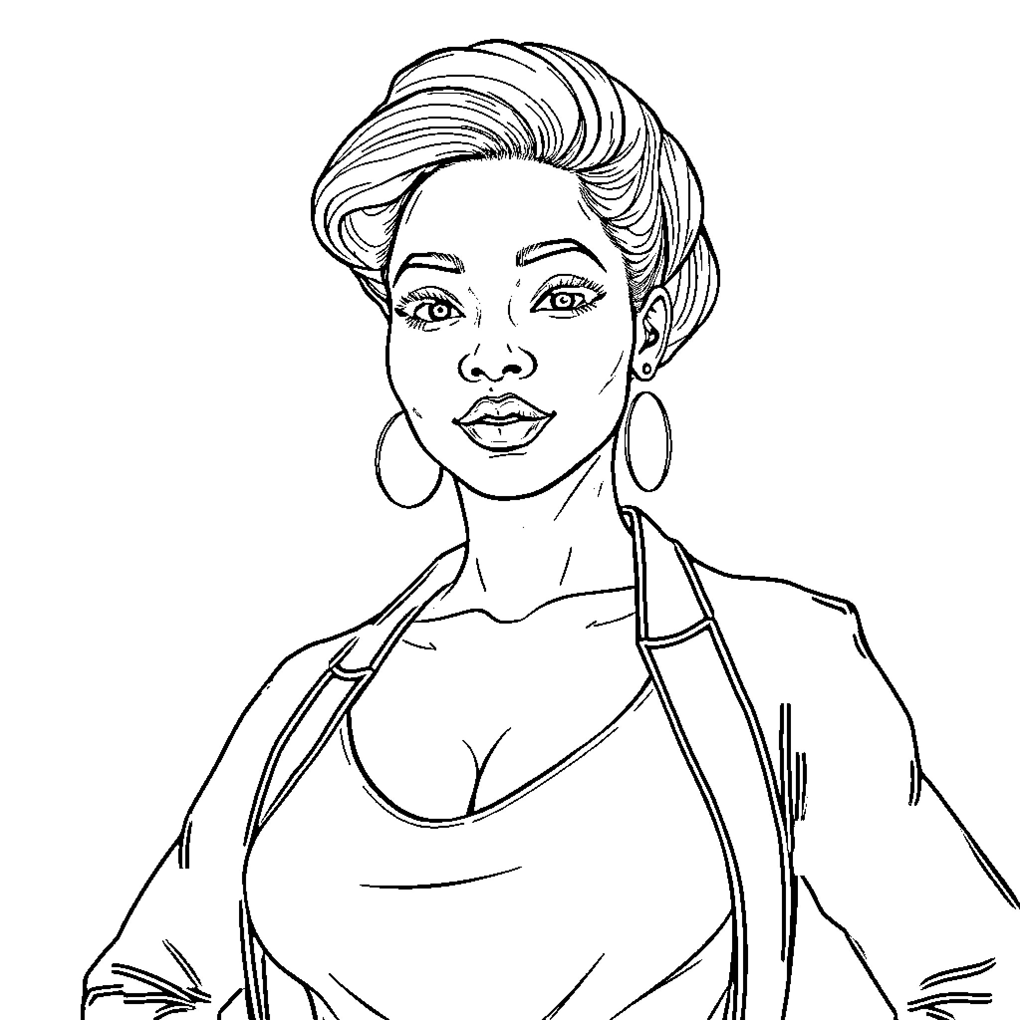 Woman with stylish hairdo and confident expression Coloring Page (free black-and-white line drawing printable PDF for all, from beginners to advanced learners, including children, teens, adults, and seniors)