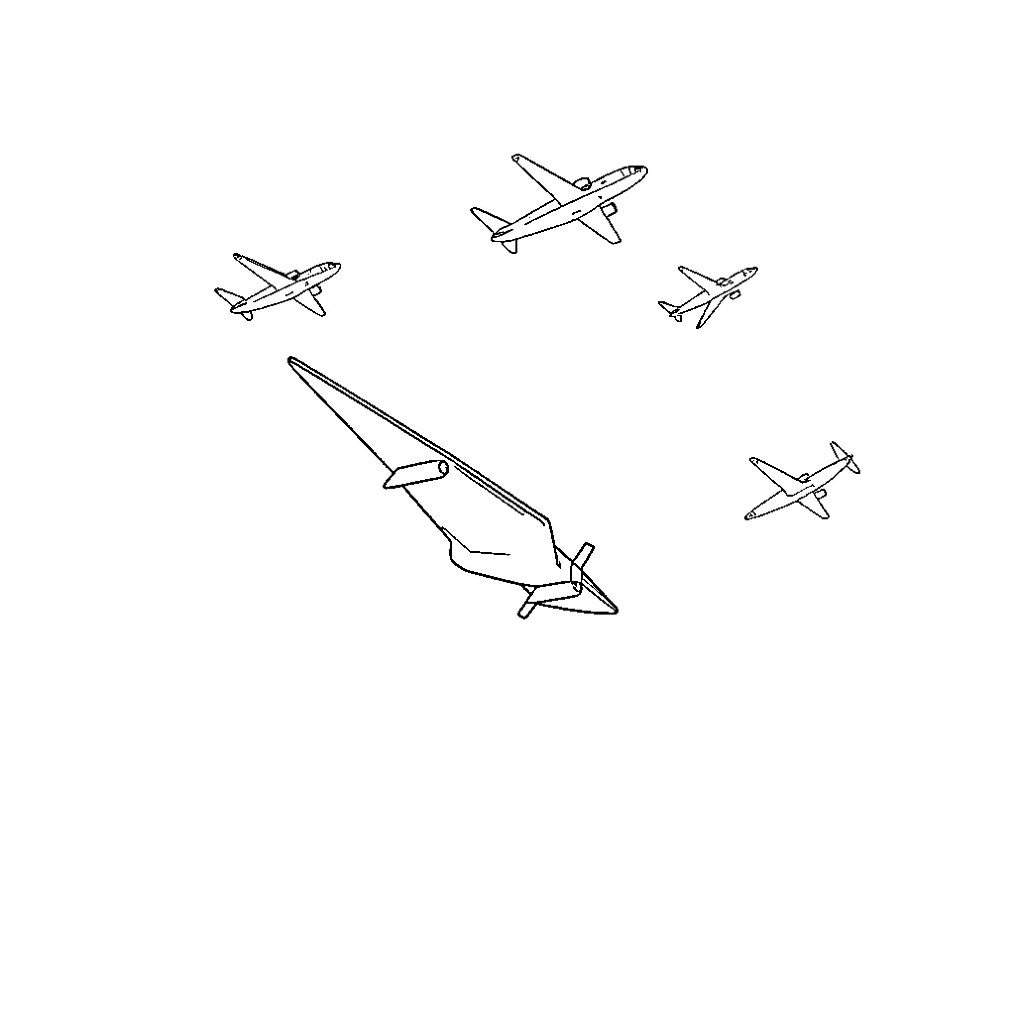 Airplane formation flying in the sky Coloring Page (free black-and-white line drawing printable PDF for all, from beginners to advanced learners, including children, teens, adults, and seniors)