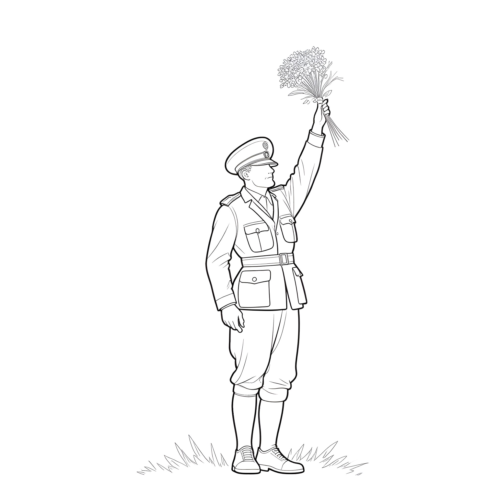 Soldier raising bouquet in salute Coloring Page (free black-and-white line drawing printable PDF for all, from beginners to advanced learners, including children, teens, adults, and seniors)