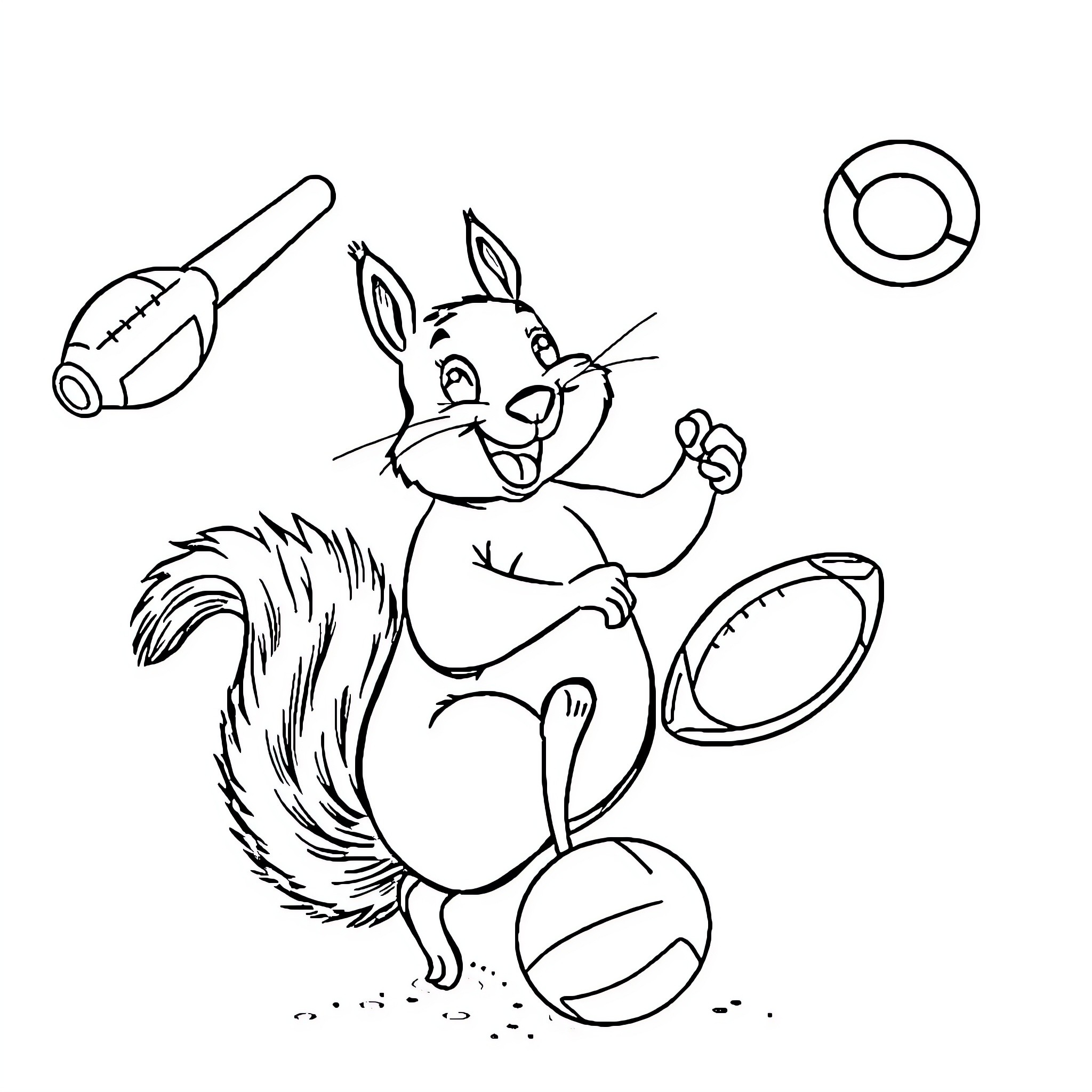 Squirrel playing with various sports equipment Coloring Page (free black-and-white line drawing printable PDF for all, from beginners to advanced learners, including children, teens, adults, and seniors)