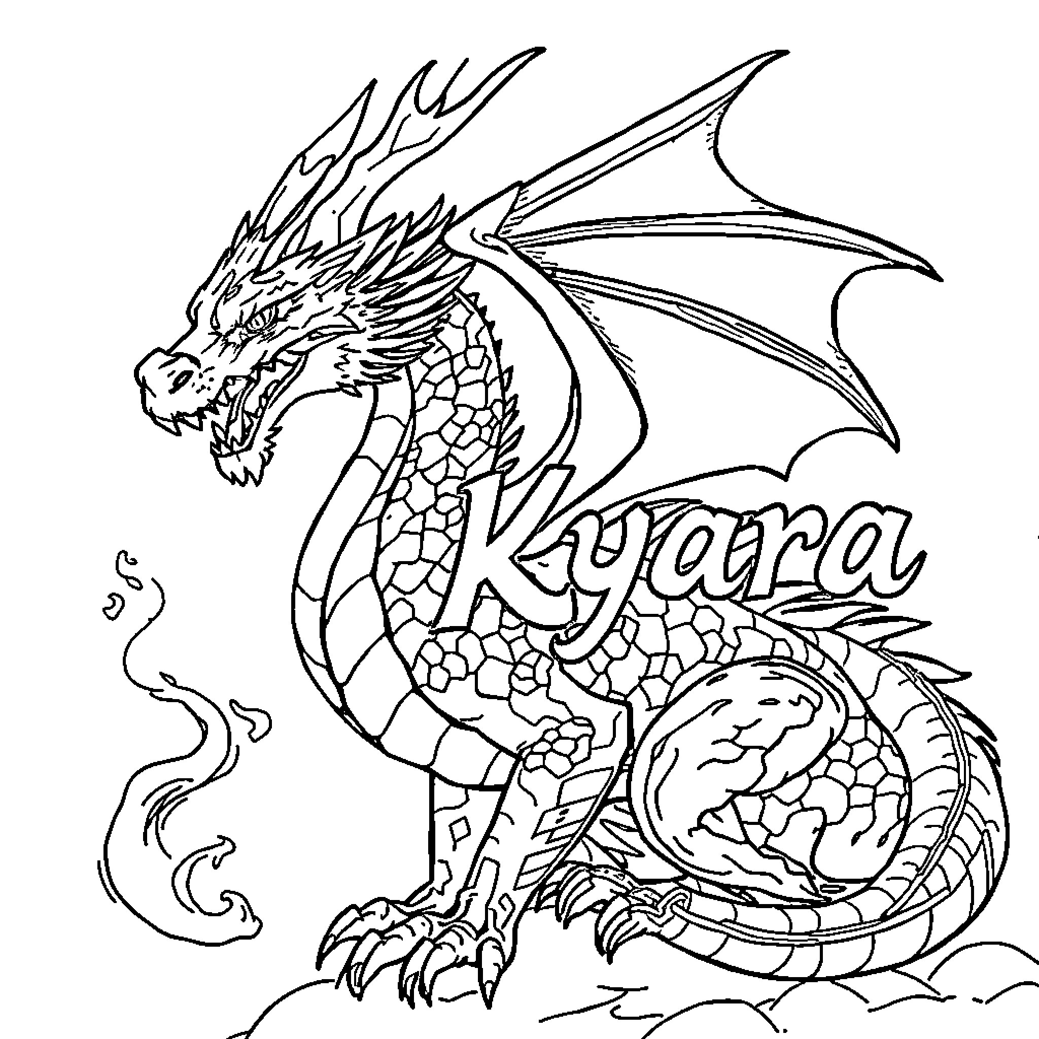Dragon with Elaborate Scales and Name Coloring Page (free black-and-white line drawing printable PDF for all, from beginners to advanced learners, including children, teens, adults, and seniors)