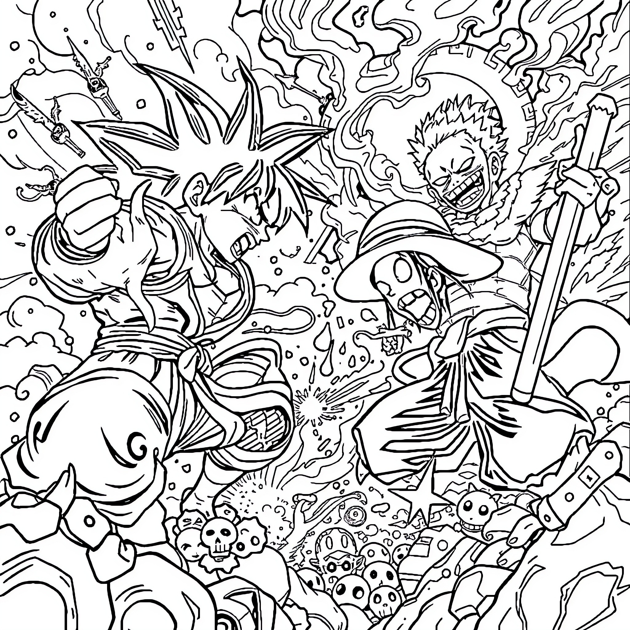Dragon Warriors in Epic Battle Coloring Page (free black-and-white line drawing printable PDF for all, from beginners to advanced learners, including children, teens, adults, and seniors)