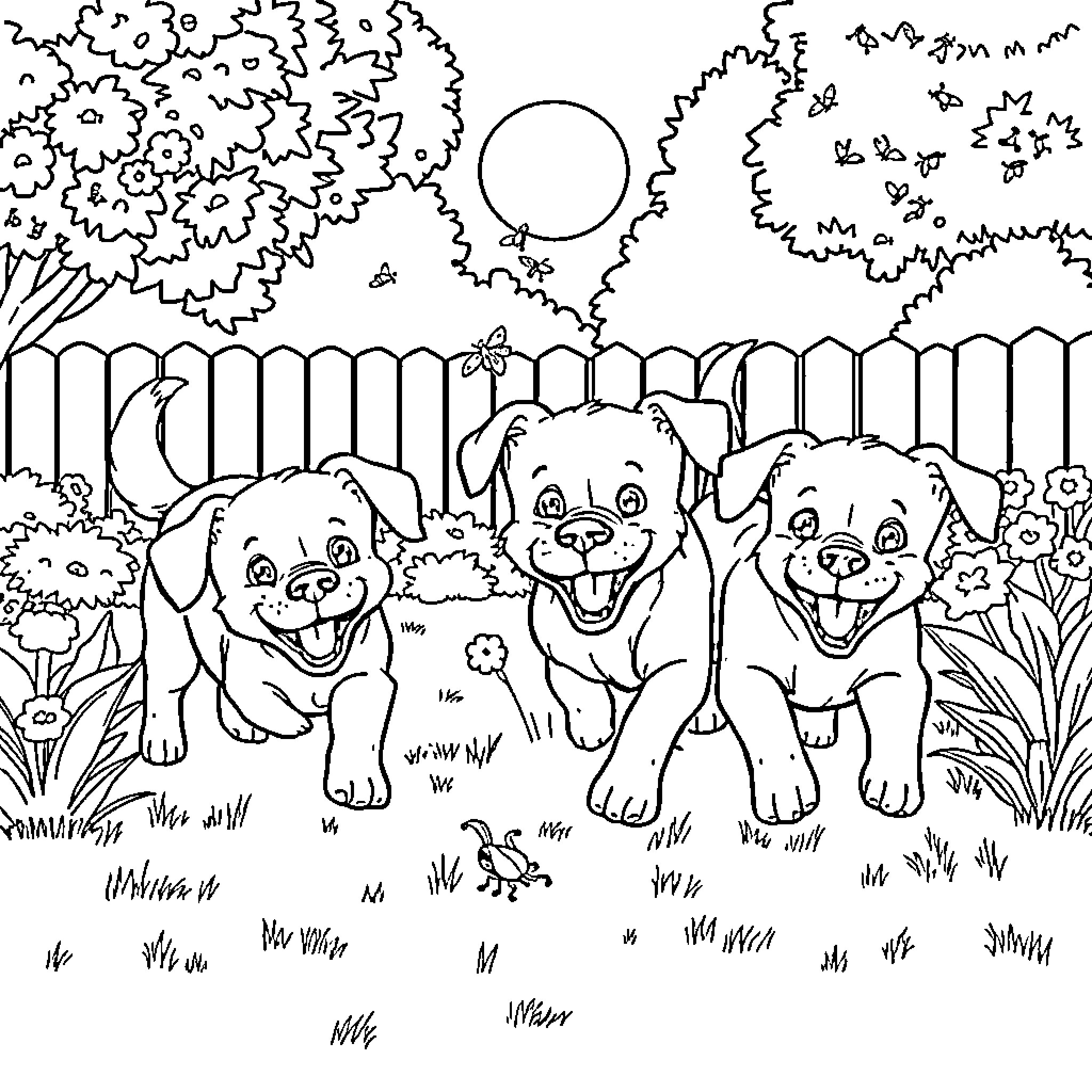 Dog playing joyfully in backyard with friends Coloring Page (free black-and-white line drawing printable PDF for all, from beginners to advanced learners, including children, teens, adults, and seniors)