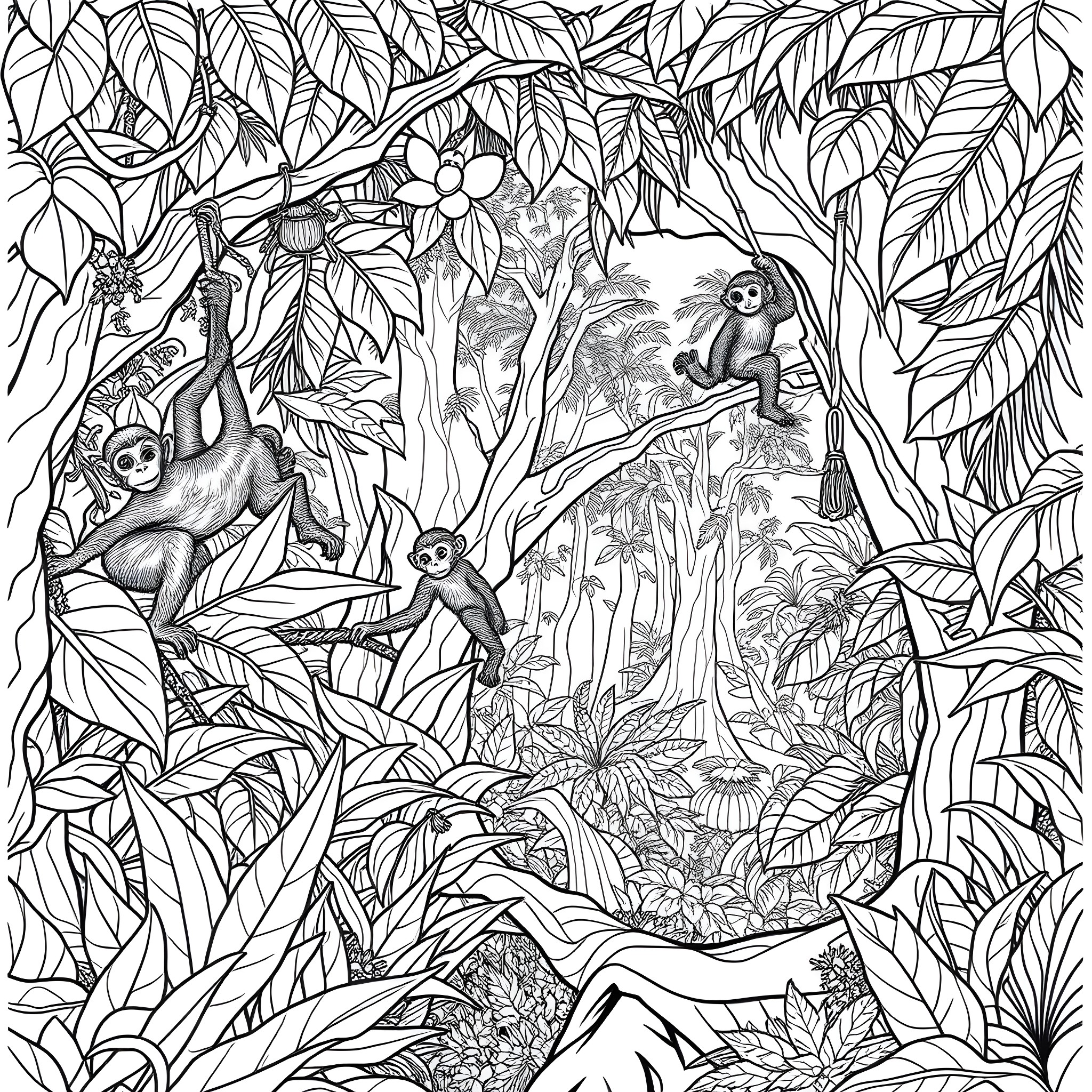 Jungle Adventure with Playful Monkeys Coloring Page (free black-and-white line drawing printable PDF for all, from beginners to advanced learners, including children, teens, adults, and seniors)