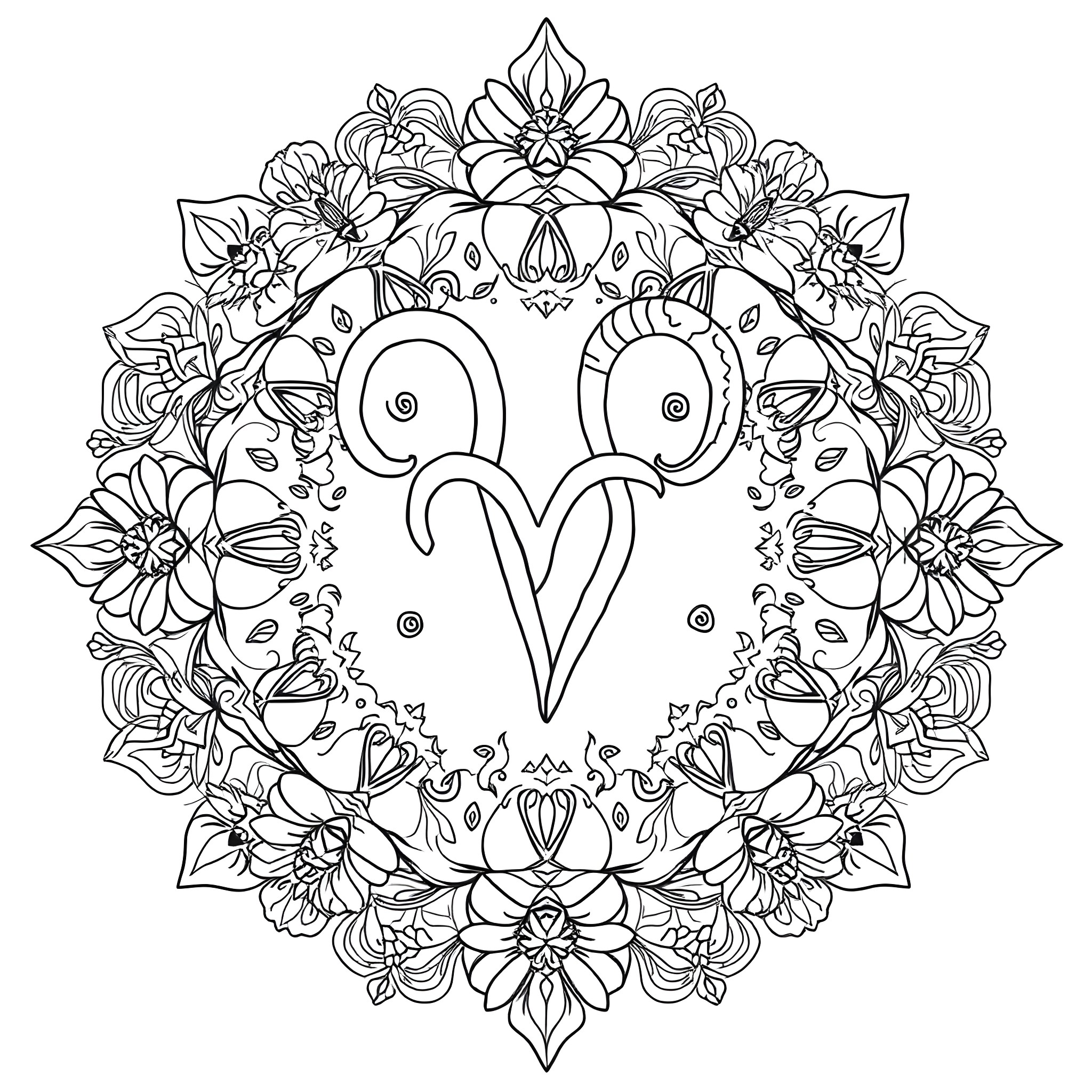 Aries zodiac sign surrounded by floral ornaments Coloring Page (free black-and-white line drawing printable PDF for all, from beginners to advanced learners, including children, teens, adults, and seniors)