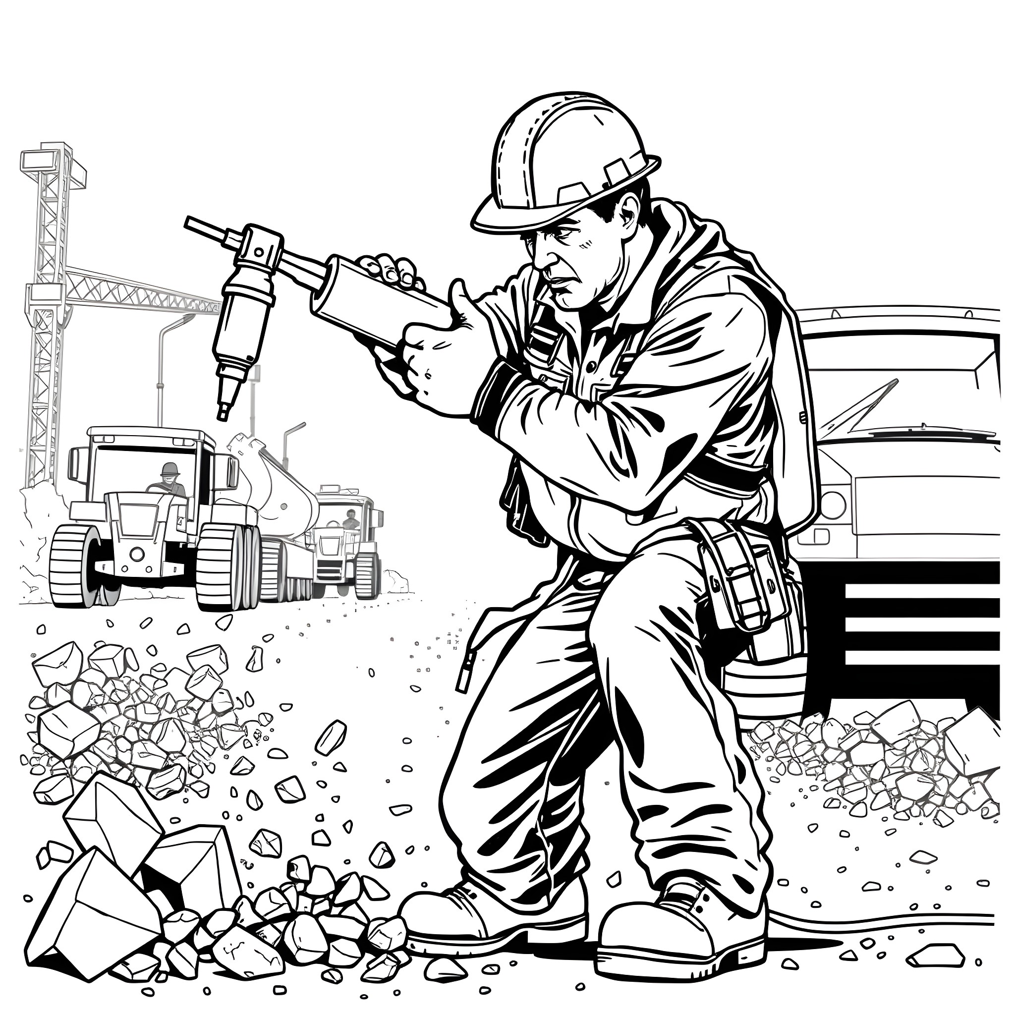 Worker operating heavy machinery on construction site Coloring Page (free black-and-white line drawing printable PDF for all, from beginners to advanced learners, including children, teens, adults, and seniors)