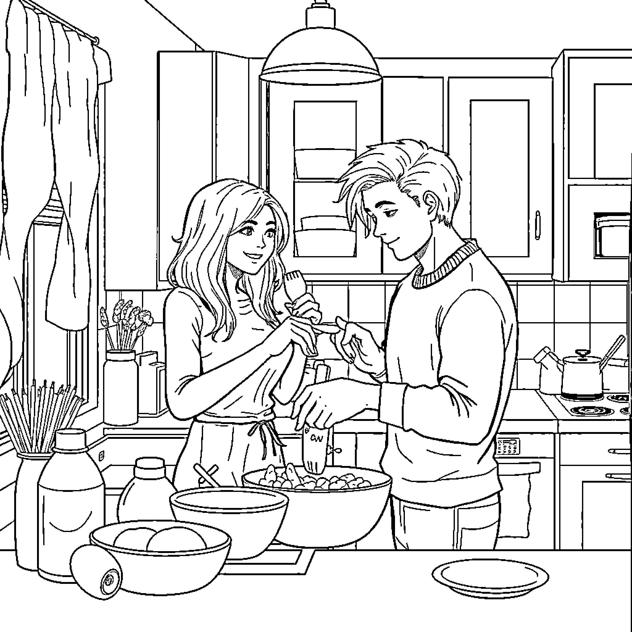 Wife preparing meal together with husband in kitchen Coloring Page (free black-and-white line drawing printable PDF for all, from beginners to advanced learners, including children, teens, adults, and seniors)