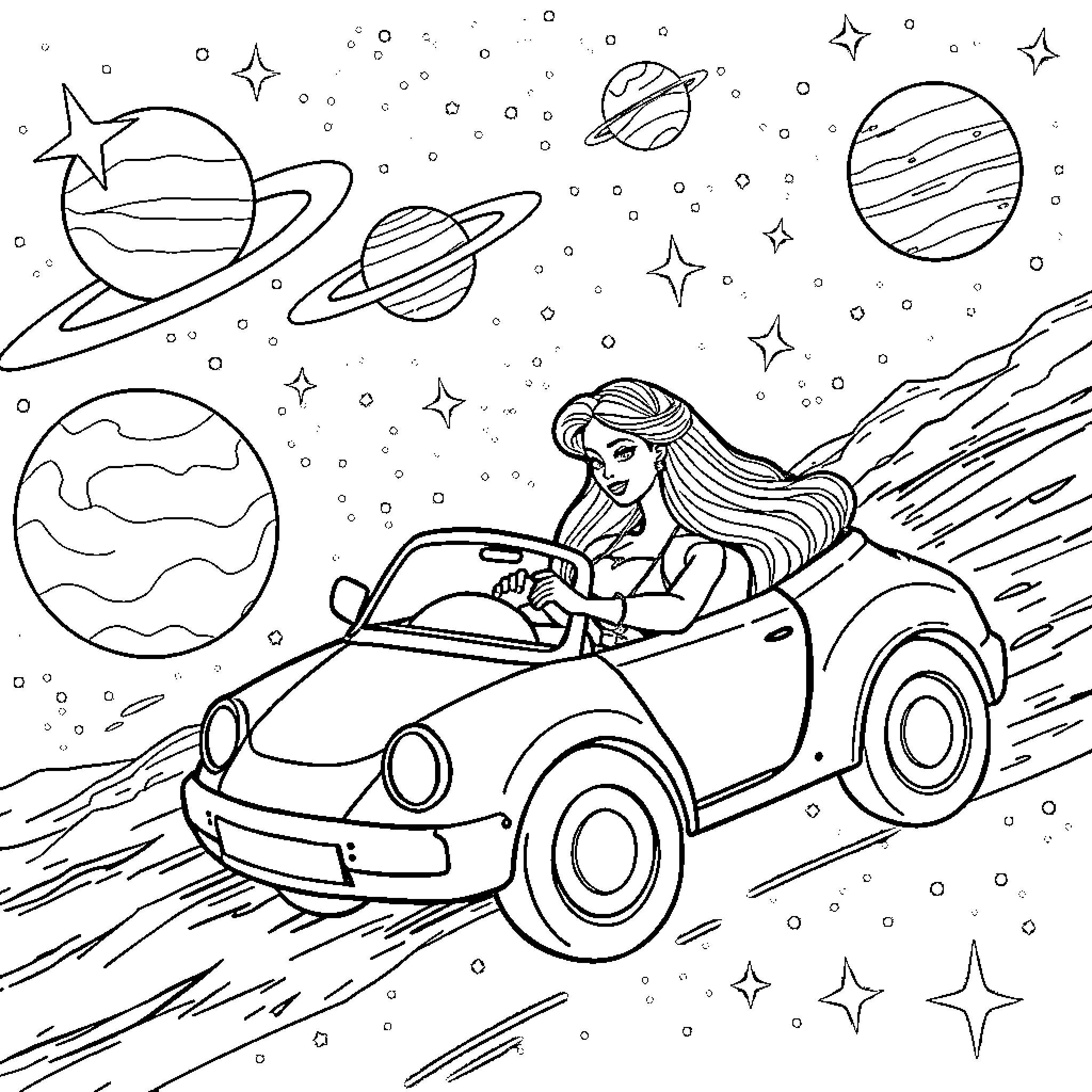 Barbie's Cosmic Adventure in a Convertible Coloring Page (free black-and-white line drawing printable PDF for all, from beginners to advanced learners, including children, teens, adults, and seniors)