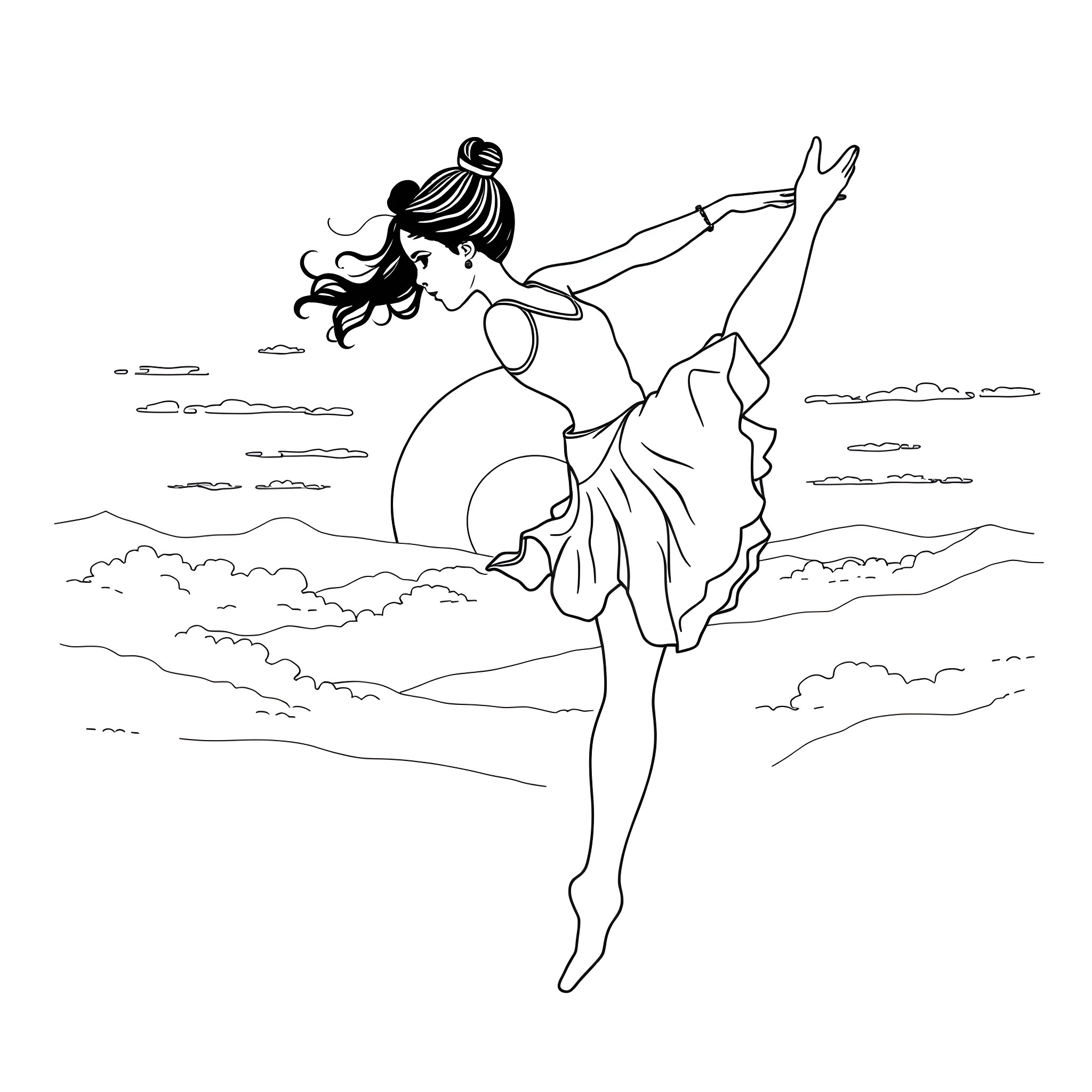 Girl dancing gracefully in the clouds Coloring Page (free black-and-white line drawing printable PDF for all, from beginners to advanced learners, including children, teens, adults, and seniors)