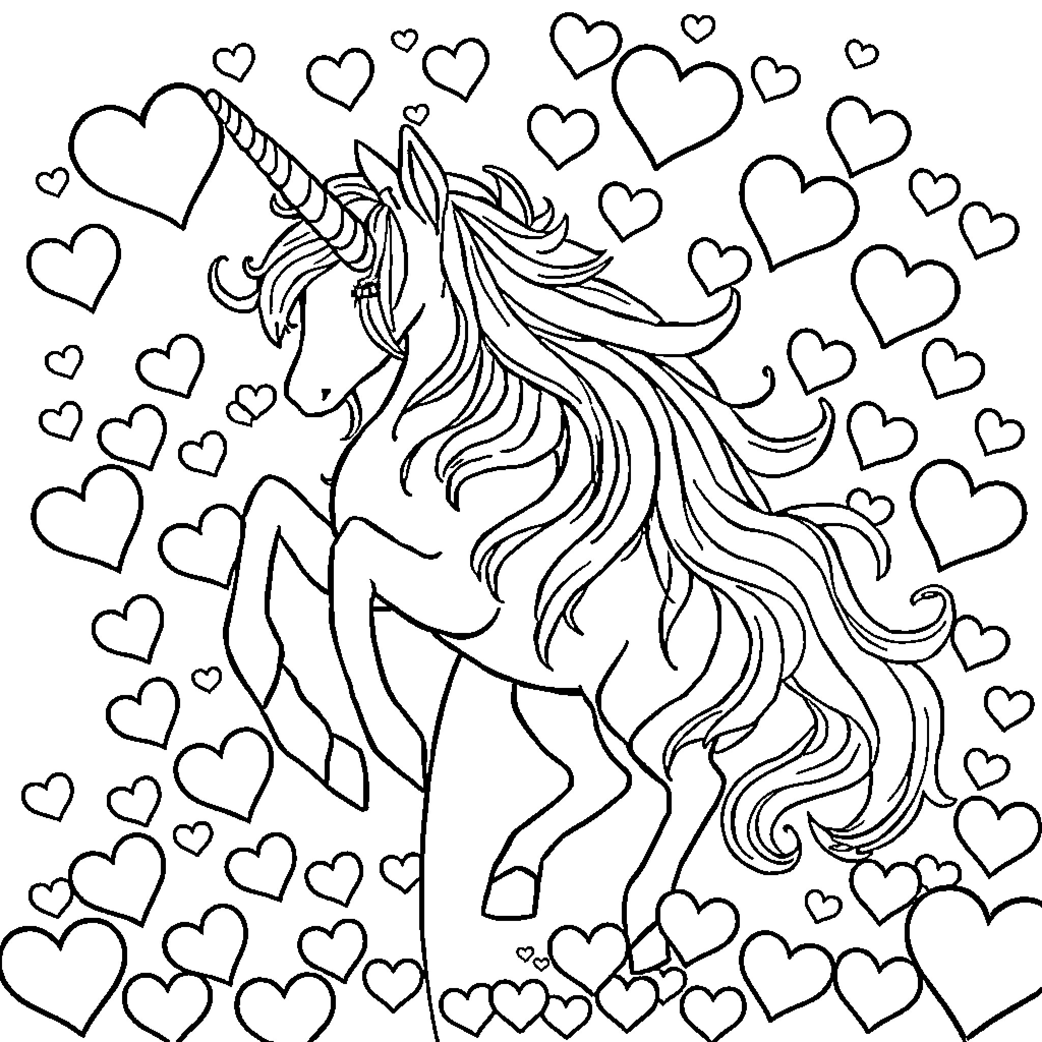 Unicorn surrounded by hearts in a magical scene Coloring Page (free black-and-white line drawing printable PDF for all, from beginners to advanced learners, including children, teens, adults, and seniors)