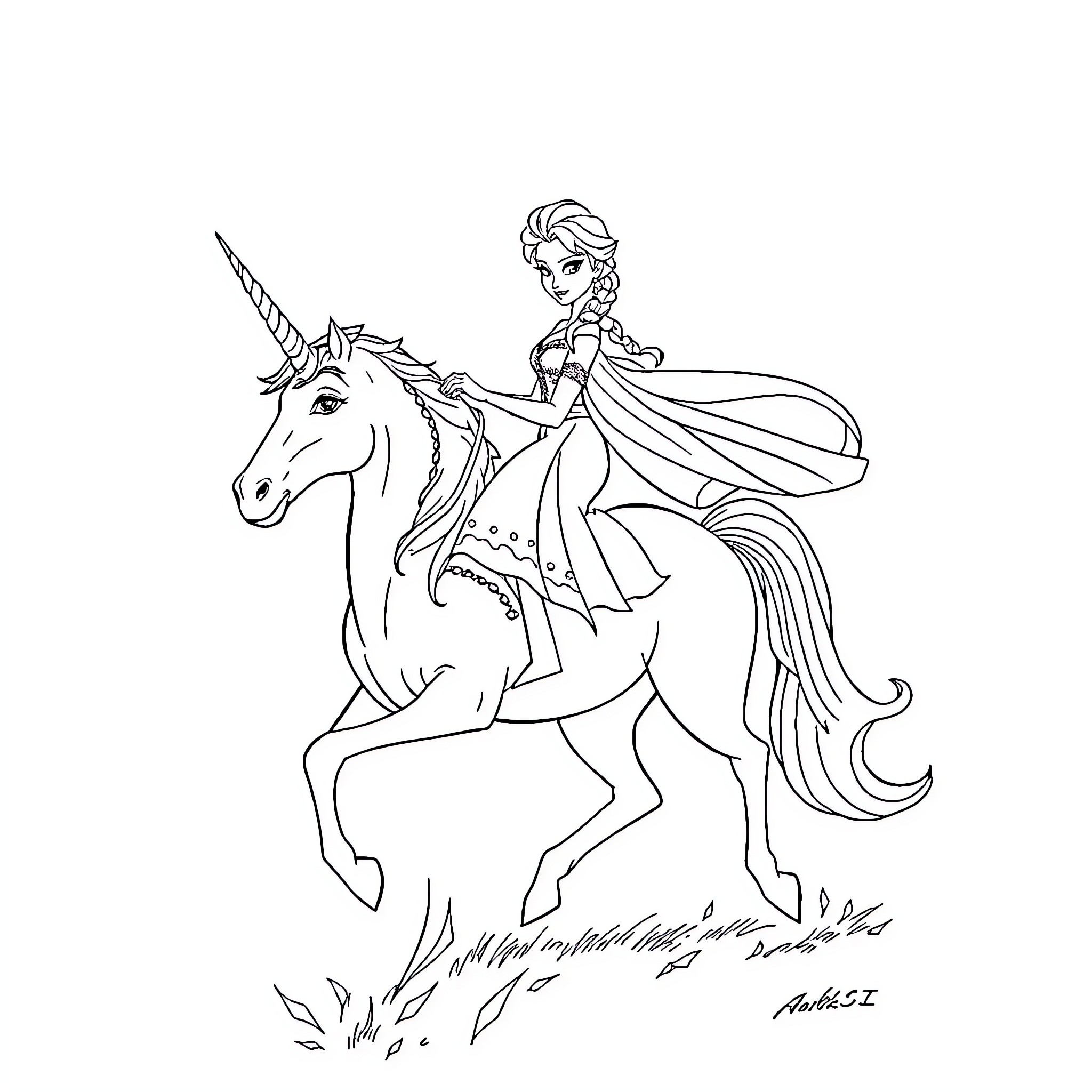 Elsa riding a magical unicorn in the forest Coloring Page (free black-and-white line drawing printable PDF for all, from beginners to advanced learners, including children, teens, adults, and seniors)