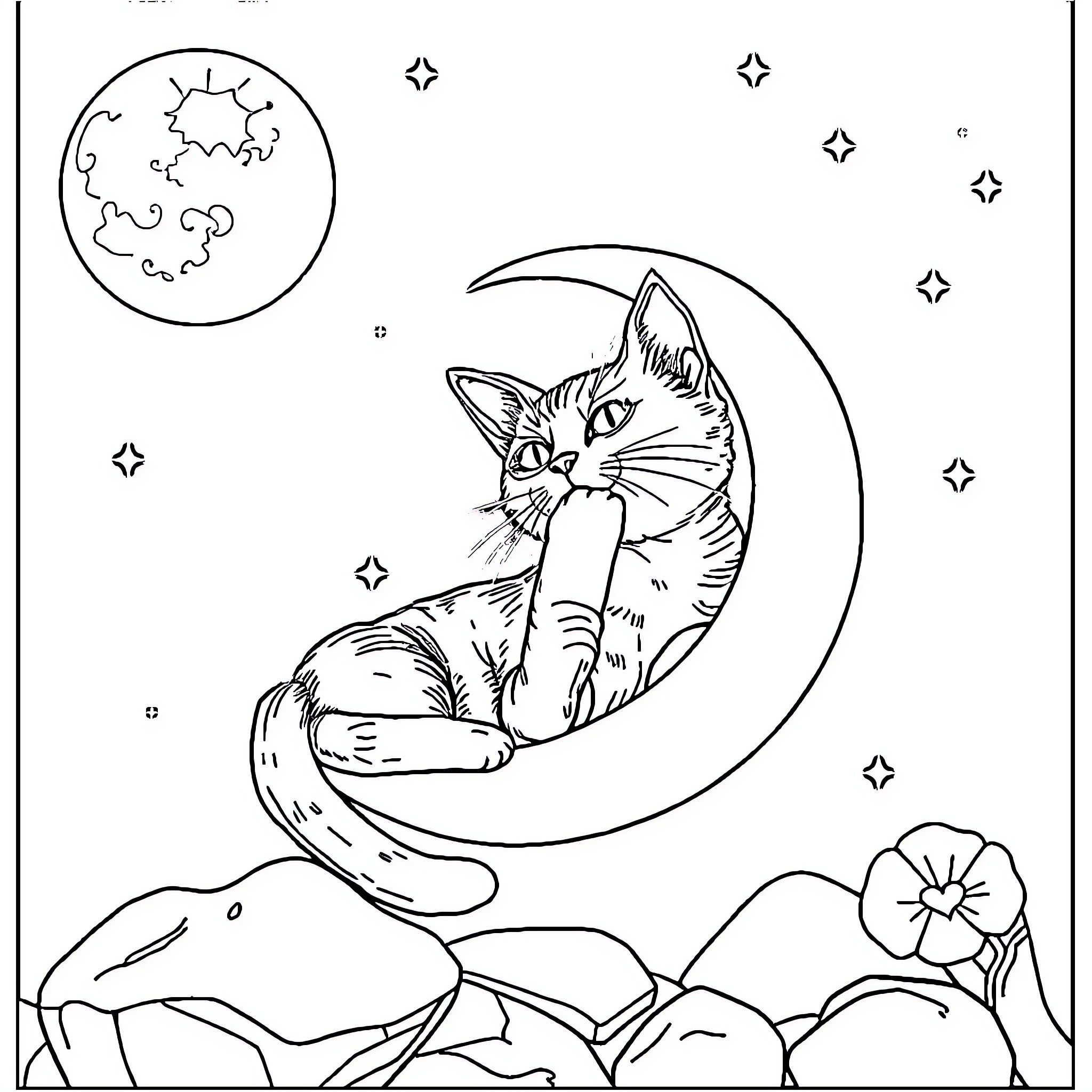 Gato resting on a crescent moon under the stars Coloring Page (free black-and-white line drawing printable PDF for all, from beginners to advanced learners, including children, teens, adults, and seniors)