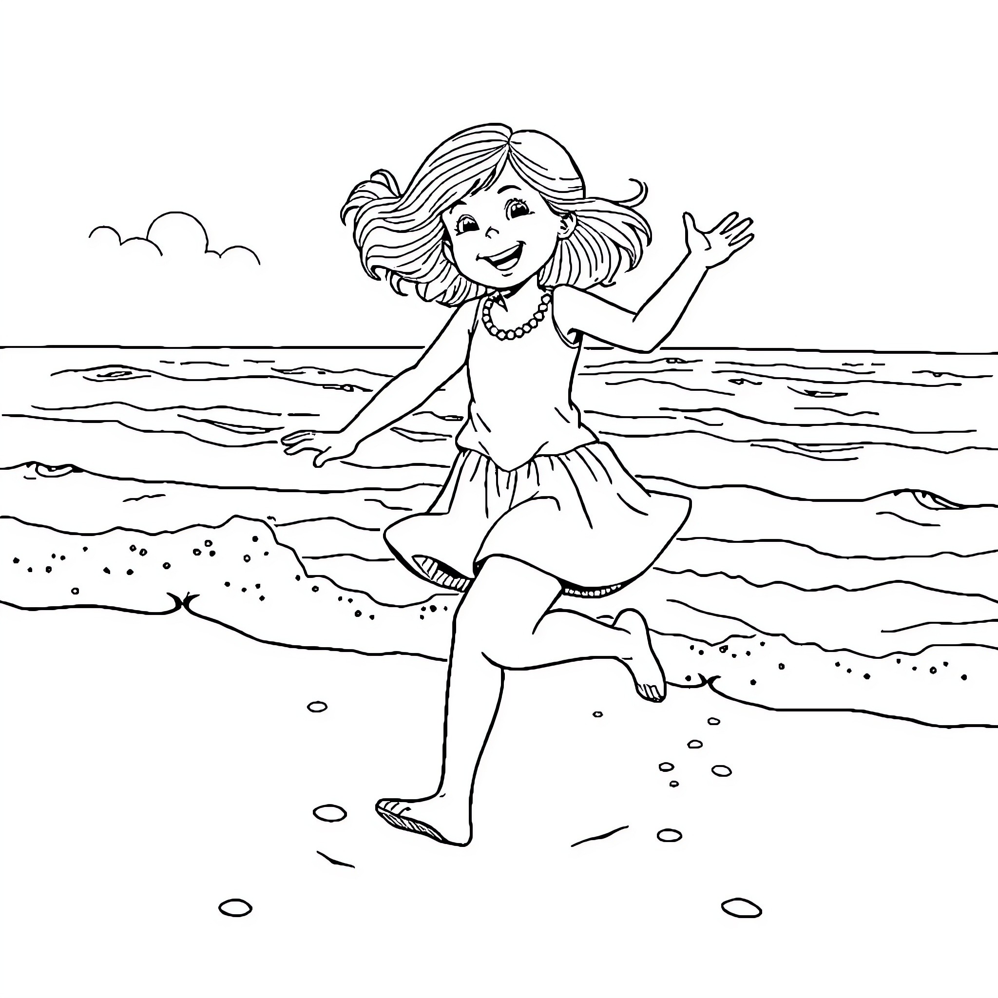 Girl dancing joyfully on the beach Coloring Page (free black-and-white line drawing printable PDF for all, from beginners to advanced learners, including children, teens, adults, and seniors)