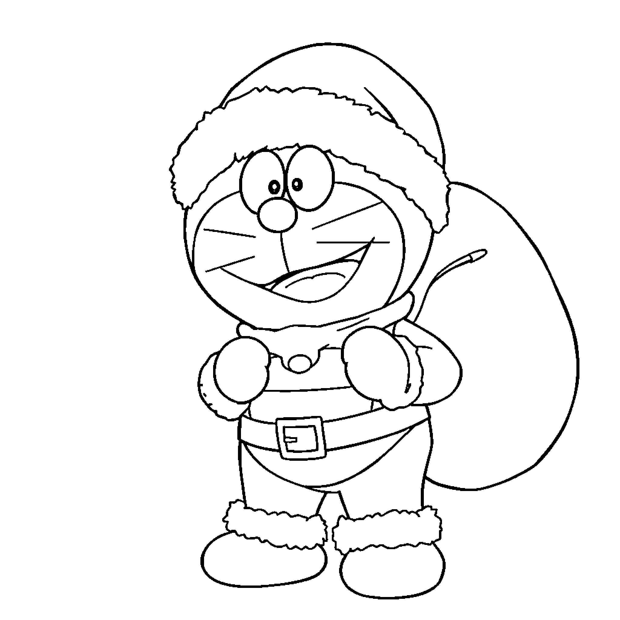Doraemon in Santa Claus costume Coloring Page (free black-and-white line drawing printable PDF for all, from beginners to advanced learners, including children, teens, adults, and seniors)