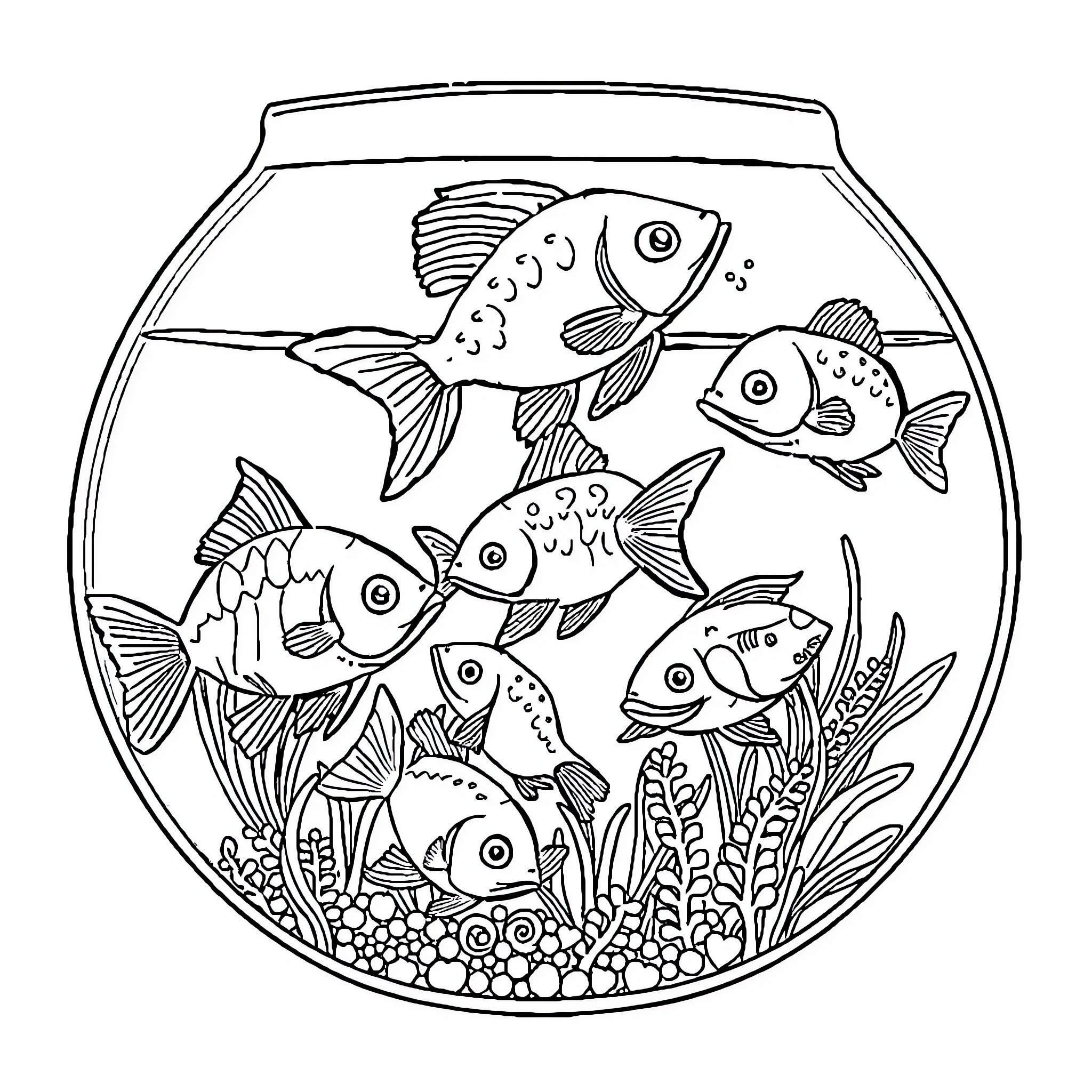 Fish swimming playfully in aquarium Coloring Page (free black-and-white line drawing printable PDF for all, from beginners to advanced learners, including children, teens, adults, and seniors)