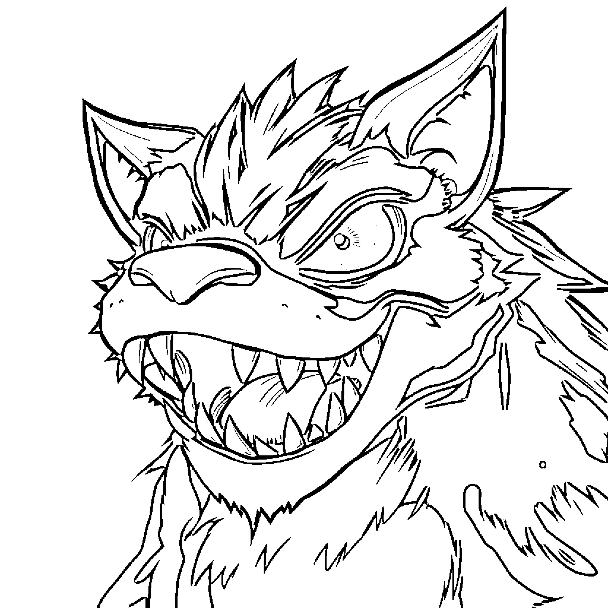 Monster with Menacing Fangs and Expressions Coloring Page (free black-and-white line drawing printable PDF for all, from beginners to advanced learners, including children, teens, adults, and seniors)
