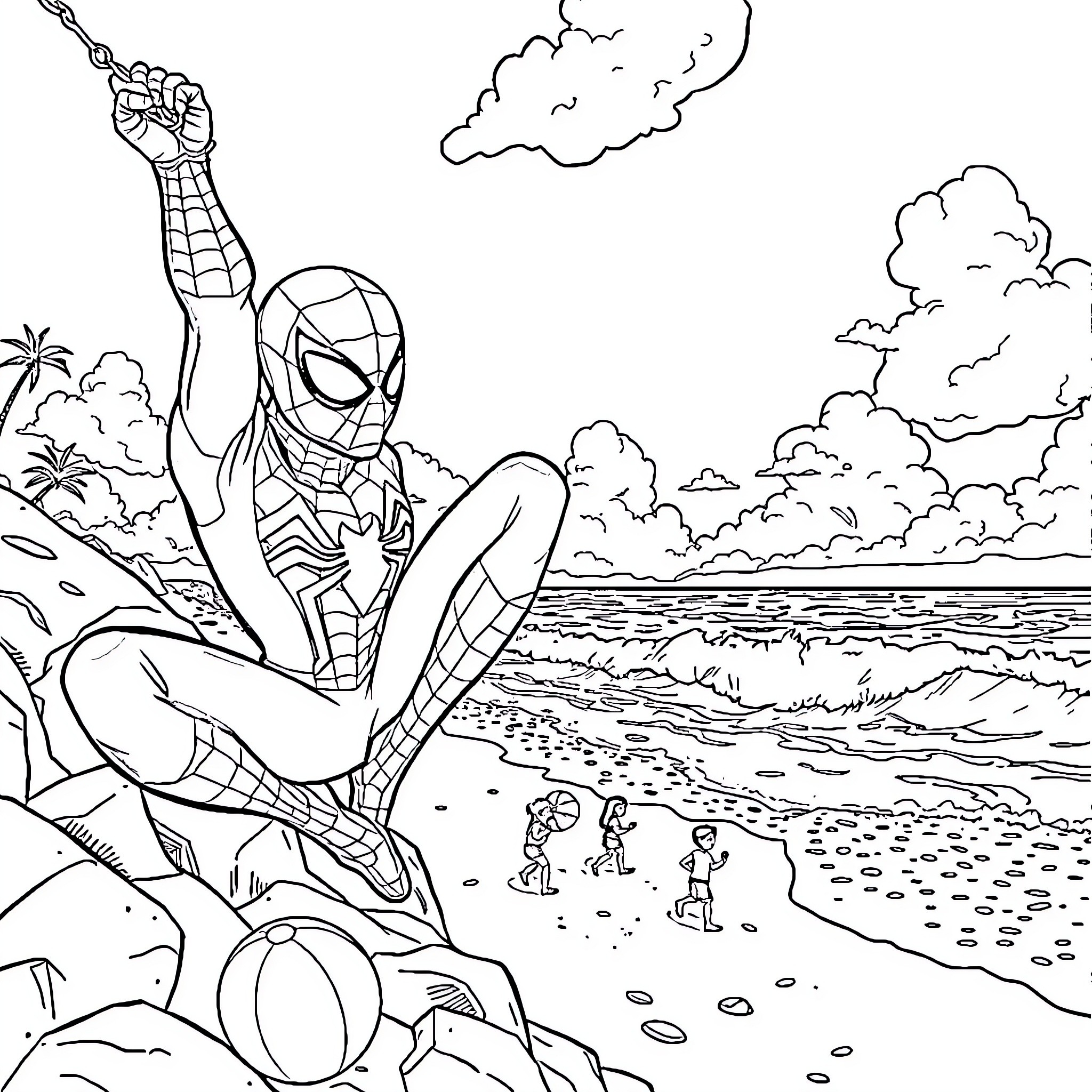 Spiderman swinging above the beach Coloring Page (free black-and-white line drawing printable PDF for all, from beginners to advanced learners, including children, teens, adults, and seniors)