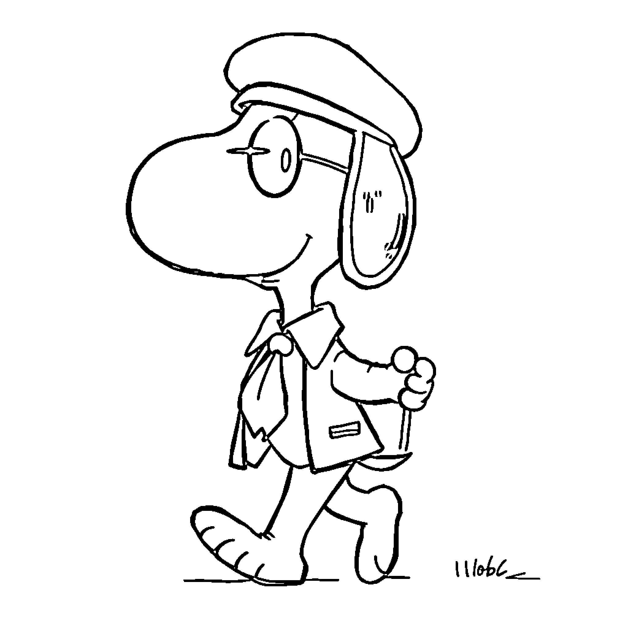 Snoopy the Dapper Beagle Coloring Page (free black-and-white line drawing printable PDF for all, from beginners to advanced learners, including children, teens, adults, and seniors)