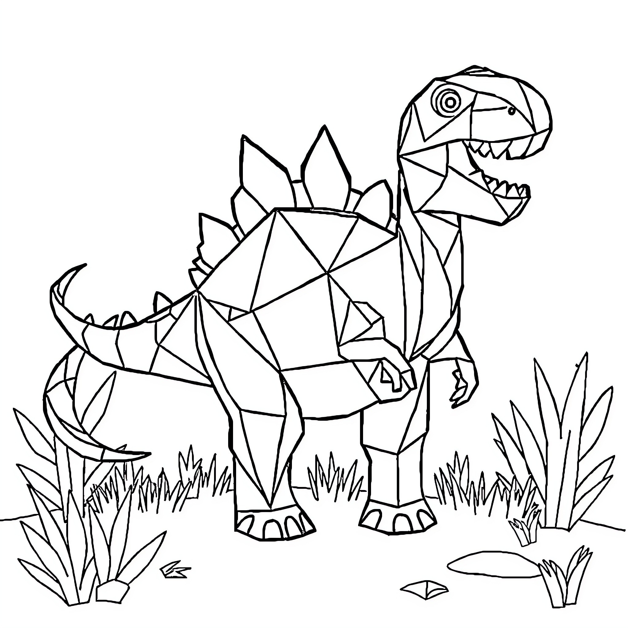 Dinosaur in geometric shapes playing in the grass Coloring Page (free black-and-white line drawing printable PDF for all, from beginners to advanced learners, including children, teens, adults, and seniors)