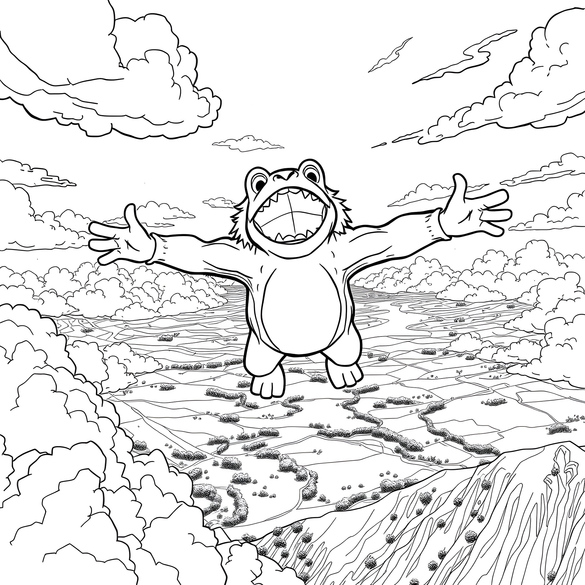 Bigfoot monster jumping joyfully in the clouds Coloring Page (free black-and-white line drawing printable PDF for all, from beginners to advanced learners, including children, teens, adults, and seniors)