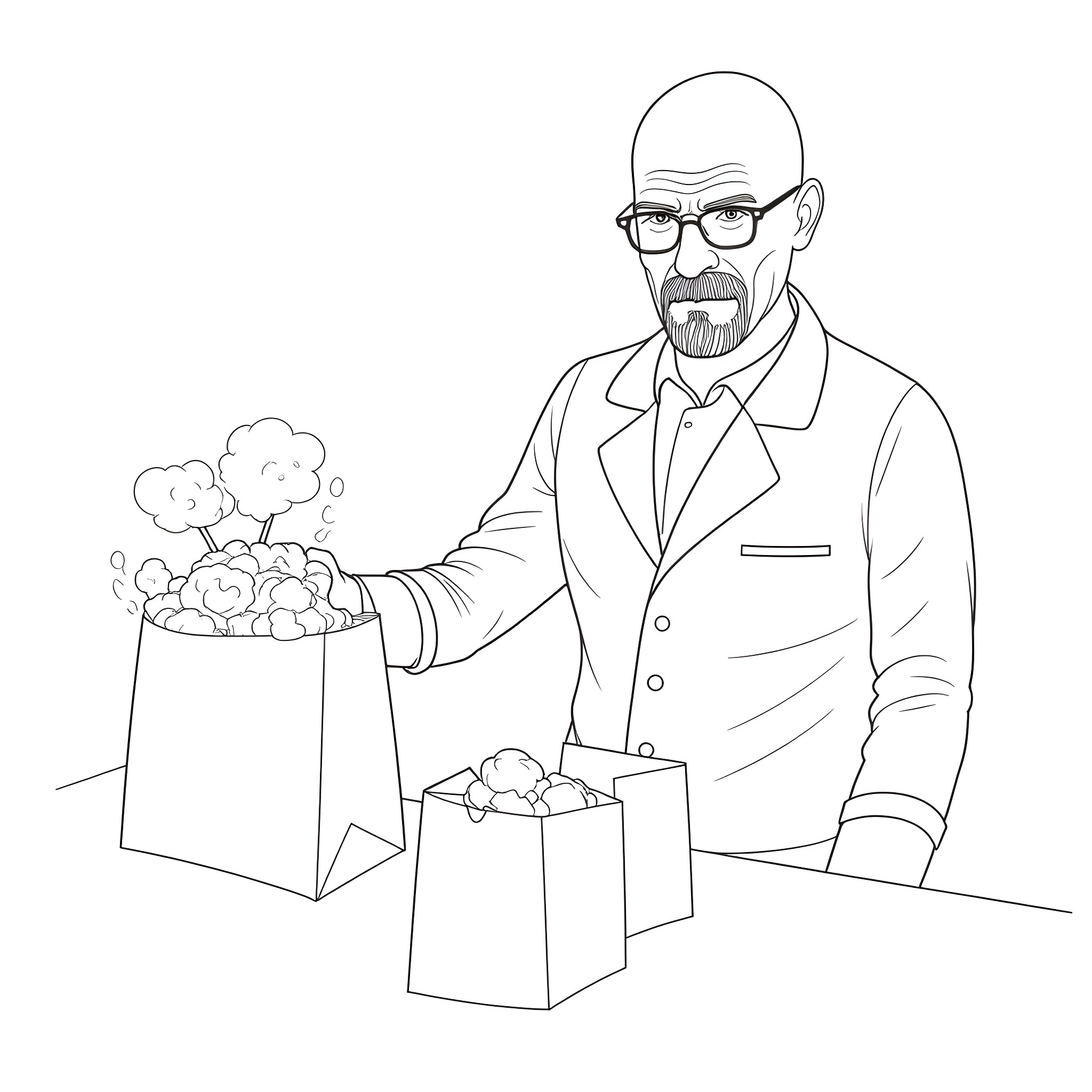 Heisenberg carrying bags of chemicals Coloring Page (free black-and-white line drawing printable PDF for all, from beginners to advanced learners, including children, teens, adults, and seniors)