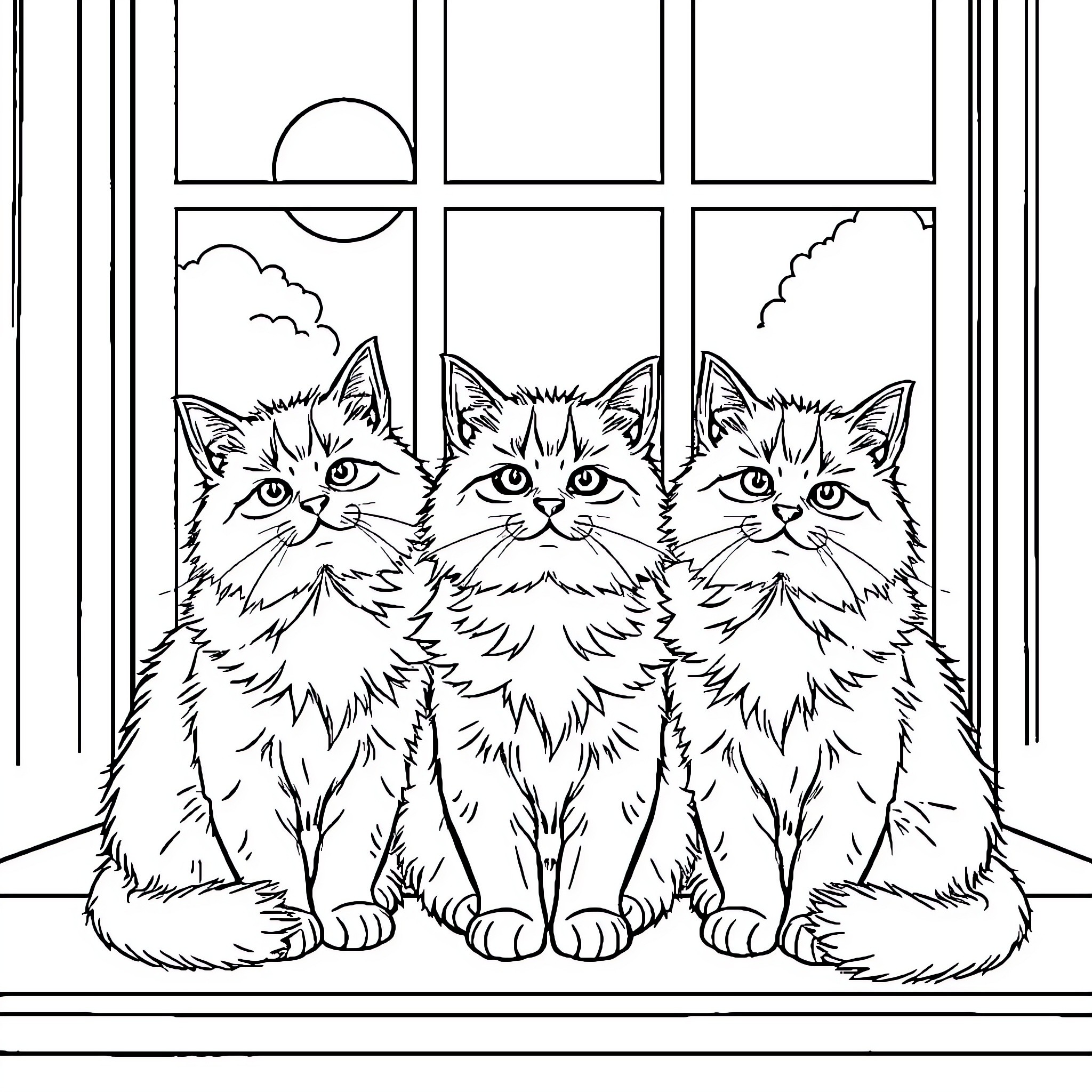 Cat trio gazing through window Coloring Page (free black-and-white line drawing printable PDF for all, from beginners to advanced learners, including children, teens, adults, and seniors)