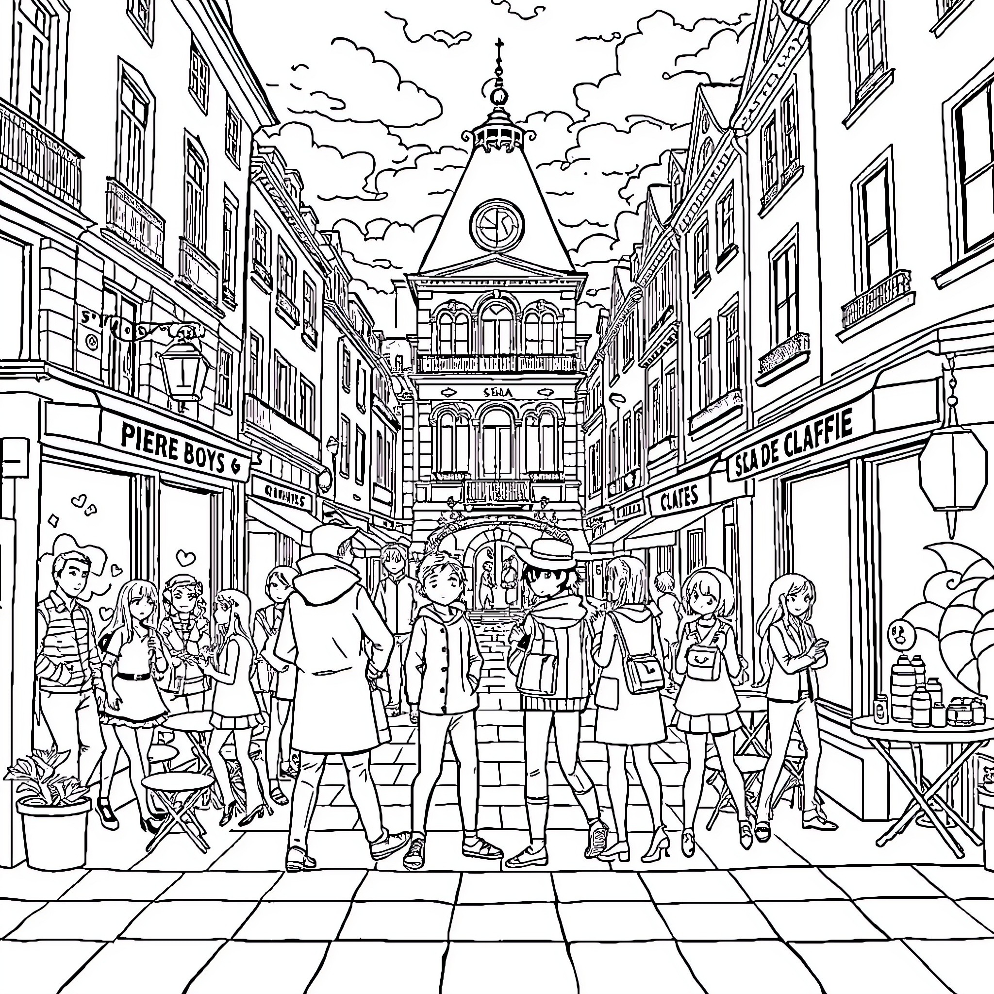Saja Boys in a Bustling City Scene Coloring Page (free black-and-white line drawing printable PDF for all, from beginners to advanced learners, including children, teens, adults, and seniors)