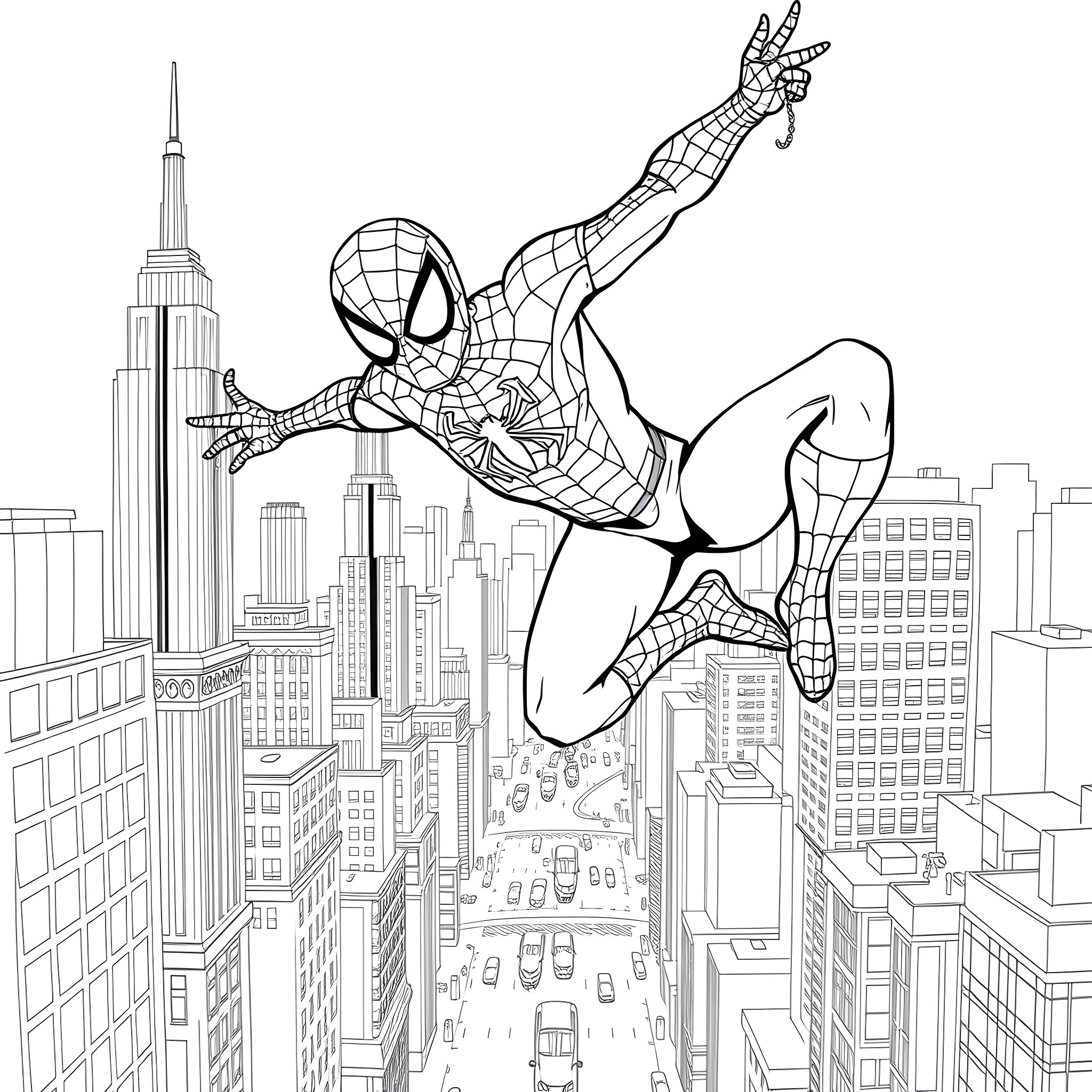 Spiderman swinging through the city skyline Coloring Page (free black-and-white line drawing printable PDF for all, from beginners to advanced learners, including children, teens, adults, and seniors)