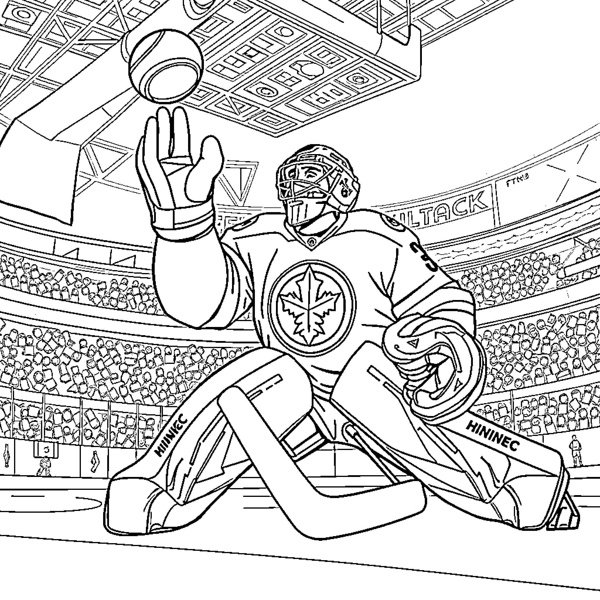 Connor Hellebuyck Goaltender Performing Ice Hockey Maneuver Coloring Page (free black-and-white line drawing printable PDF for all, from beginners to advanced learners, including children, teens, adults, and seniors)