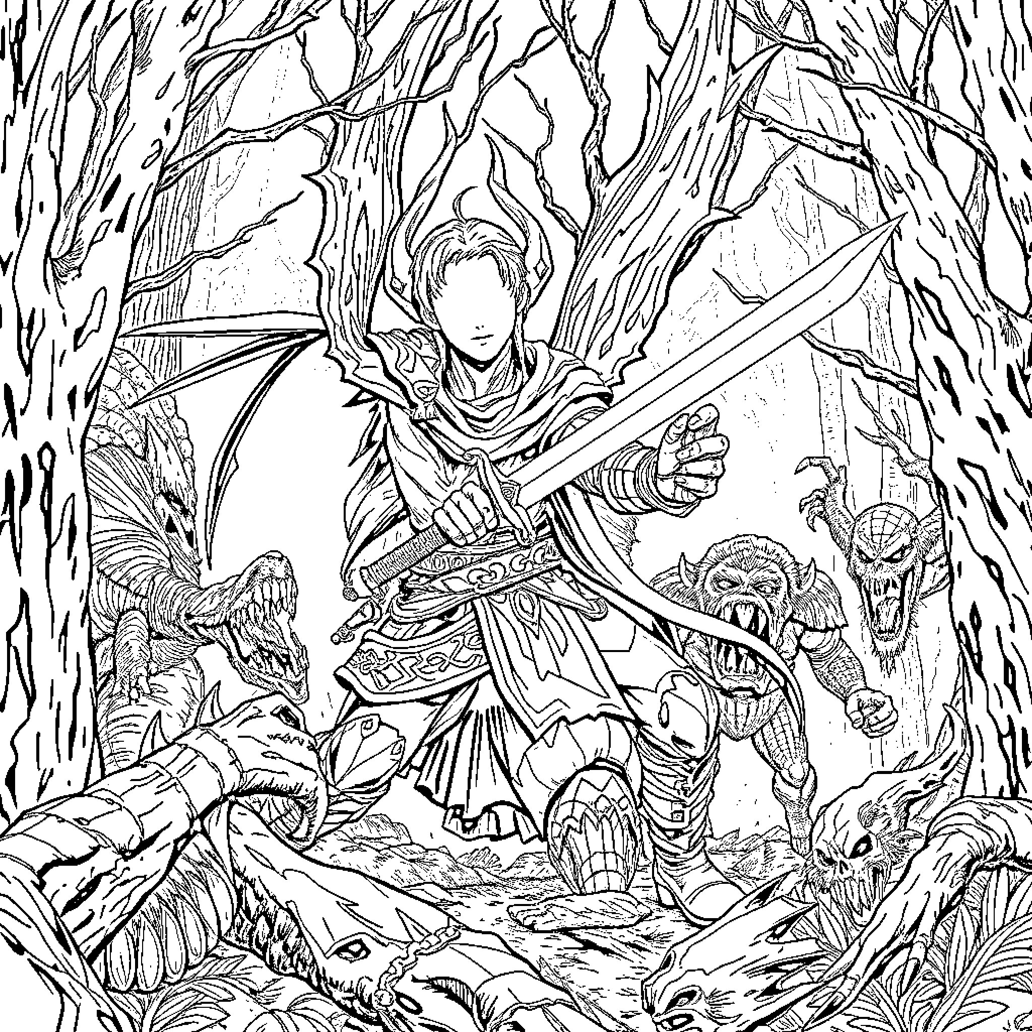 Demon Slayer Warrior Battles Fierce Creatures in a Treacherous Forest Coloring Page (free black-and-white line drawing printable PDF for all, from beginners to advanced learners, including children, teens, adults, and seniors)