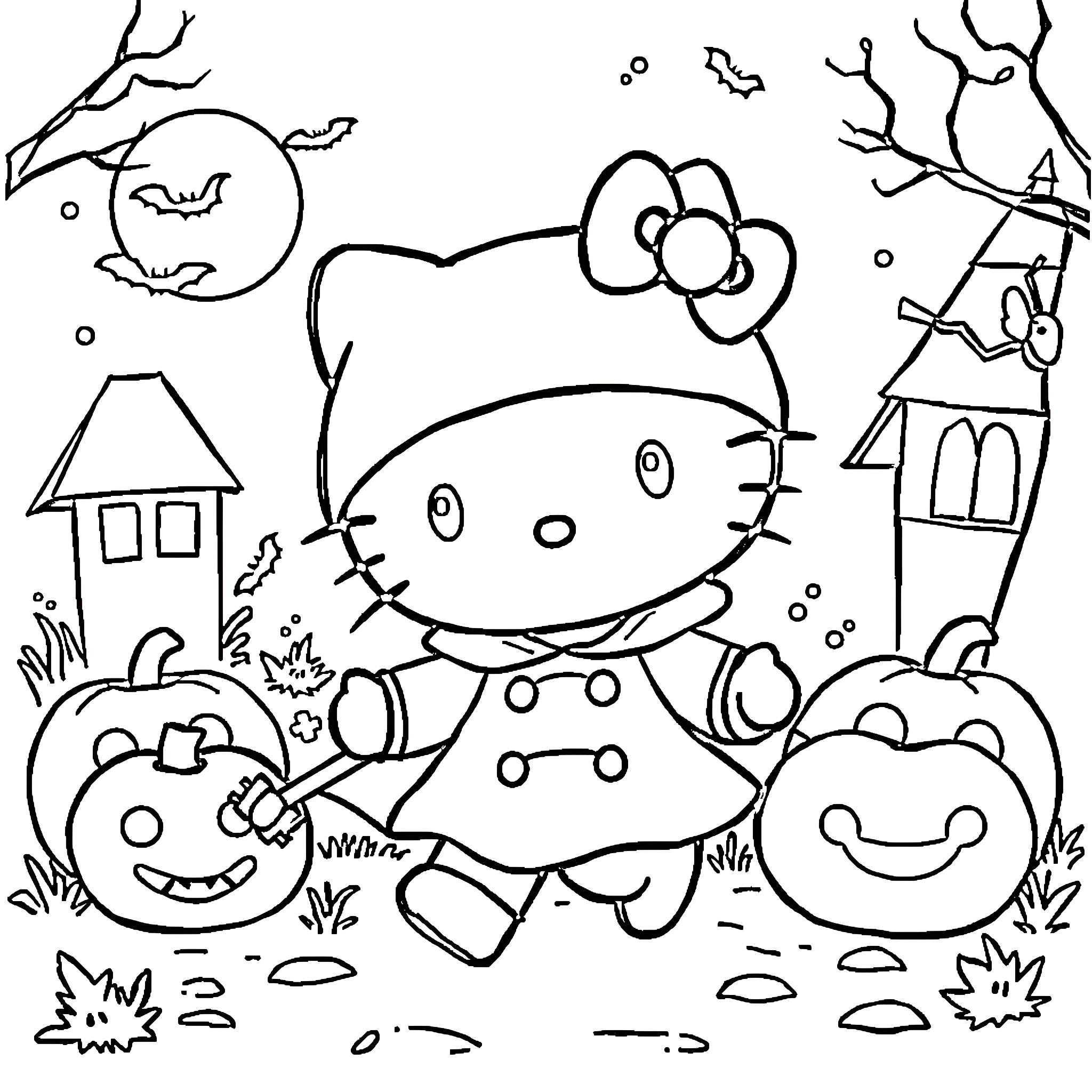Hello Kitty's Halloween Adventure Coloring Page (free black-and-white line drawing printable PDF for all, from beginners to advanced learners, including children, teens, adults, and seniors)