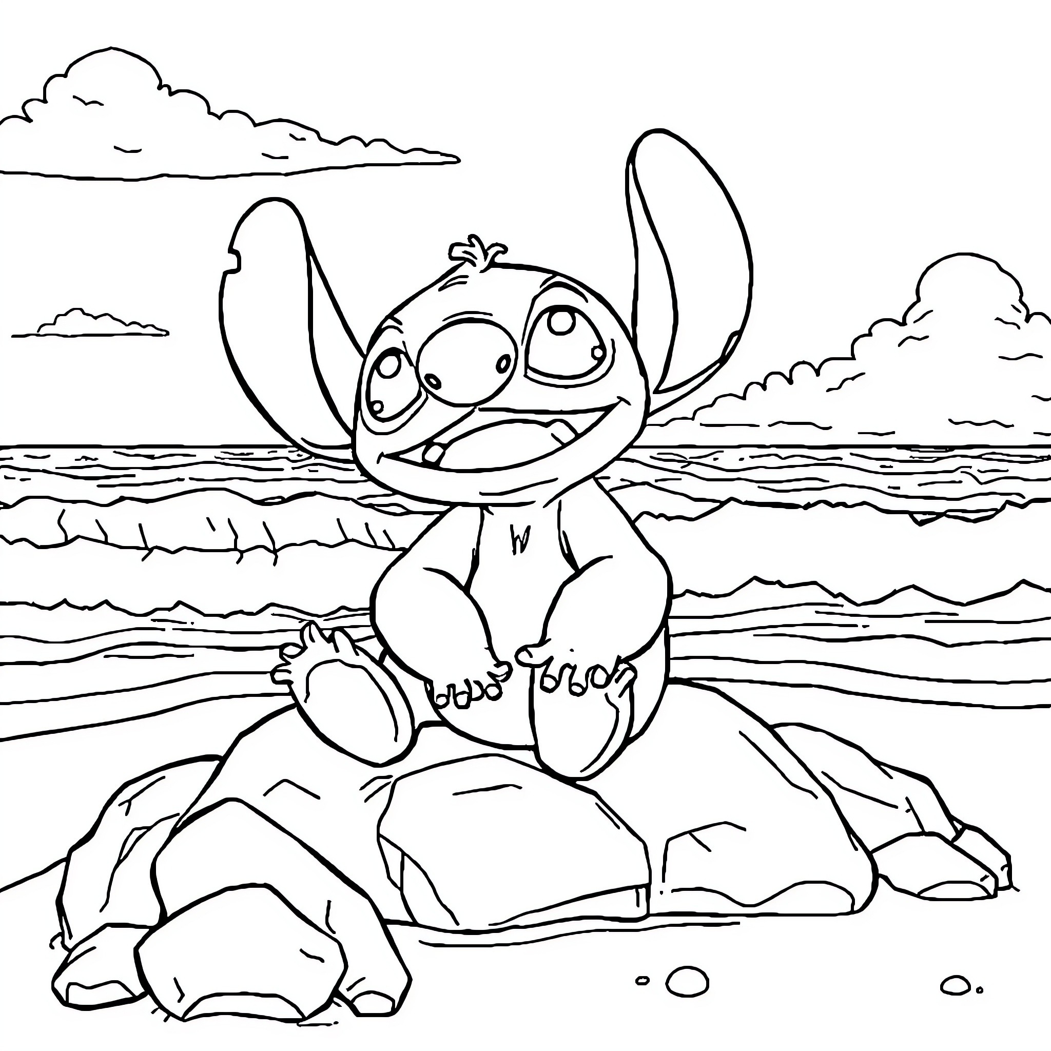 Stitch sitting happily on the beach Coloring Page (free black-and-white line drawing printable PDF for all, from beginners to advanced learners, including children, teens, adults, and seniors)