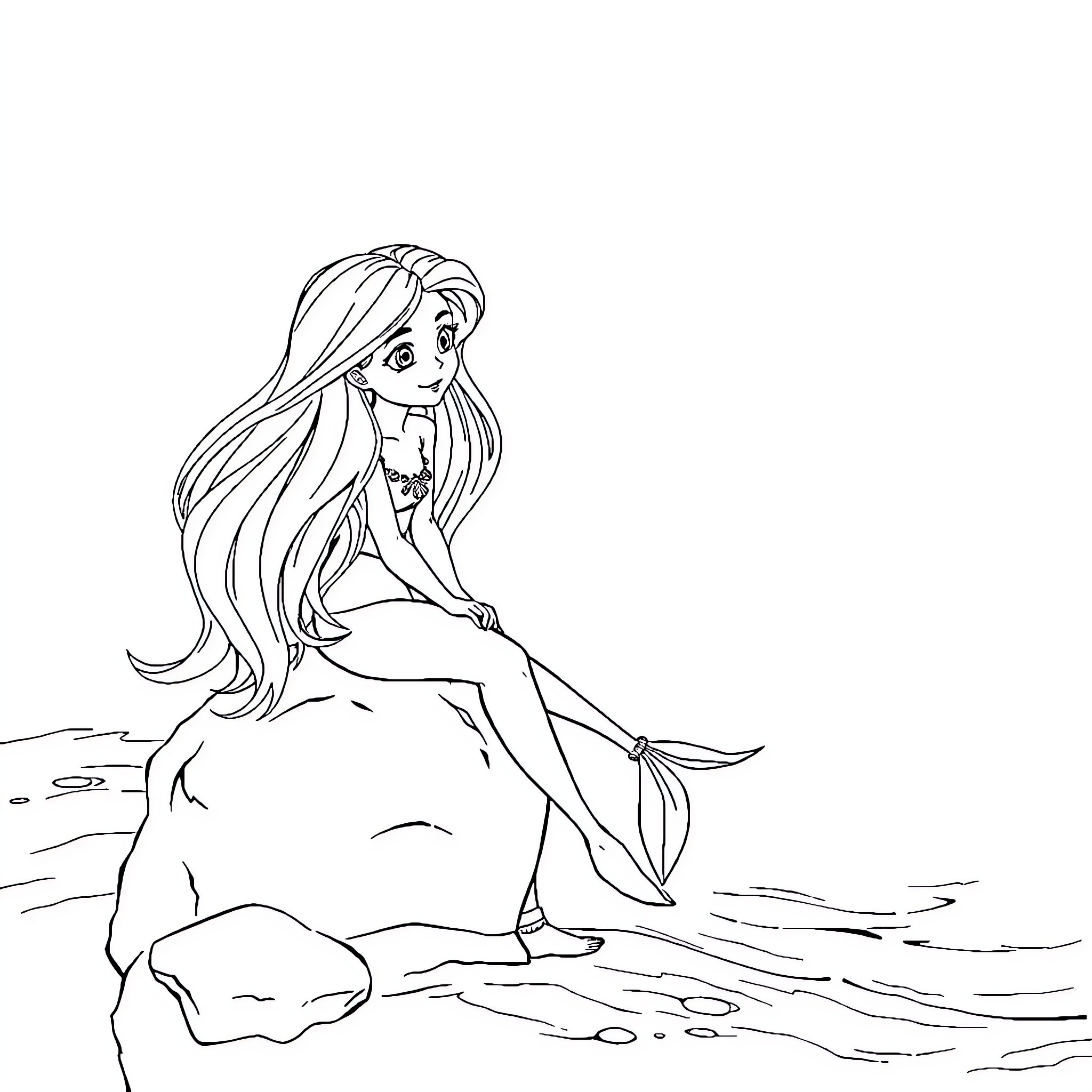 Mermaid resting peacefully on the rocks Coloring Page (free black-and-white line drawing printable PDF for all, from beginners to advanced learners, including children, teens, adults, and seniors)