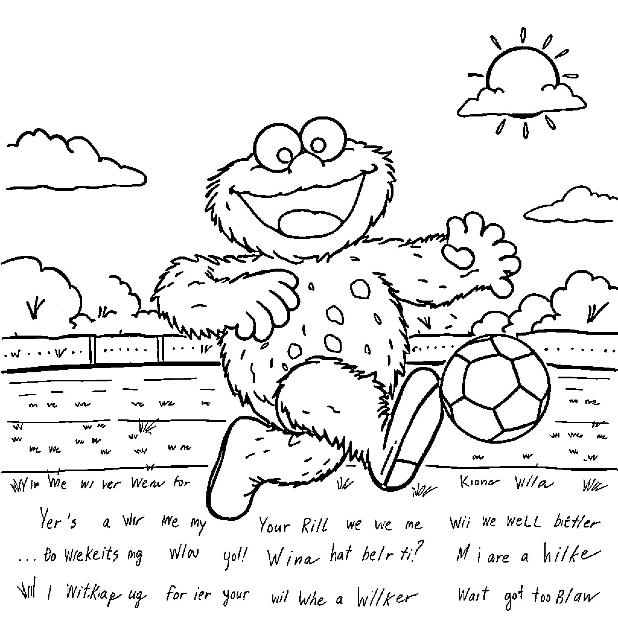 Cookie Monster plays happily with a soccer ball on a sunny day Coloring Page (free black-and-white line drawing printable PDF for all, from beginners to advanced learners, including children, teens, adults, and seniors)