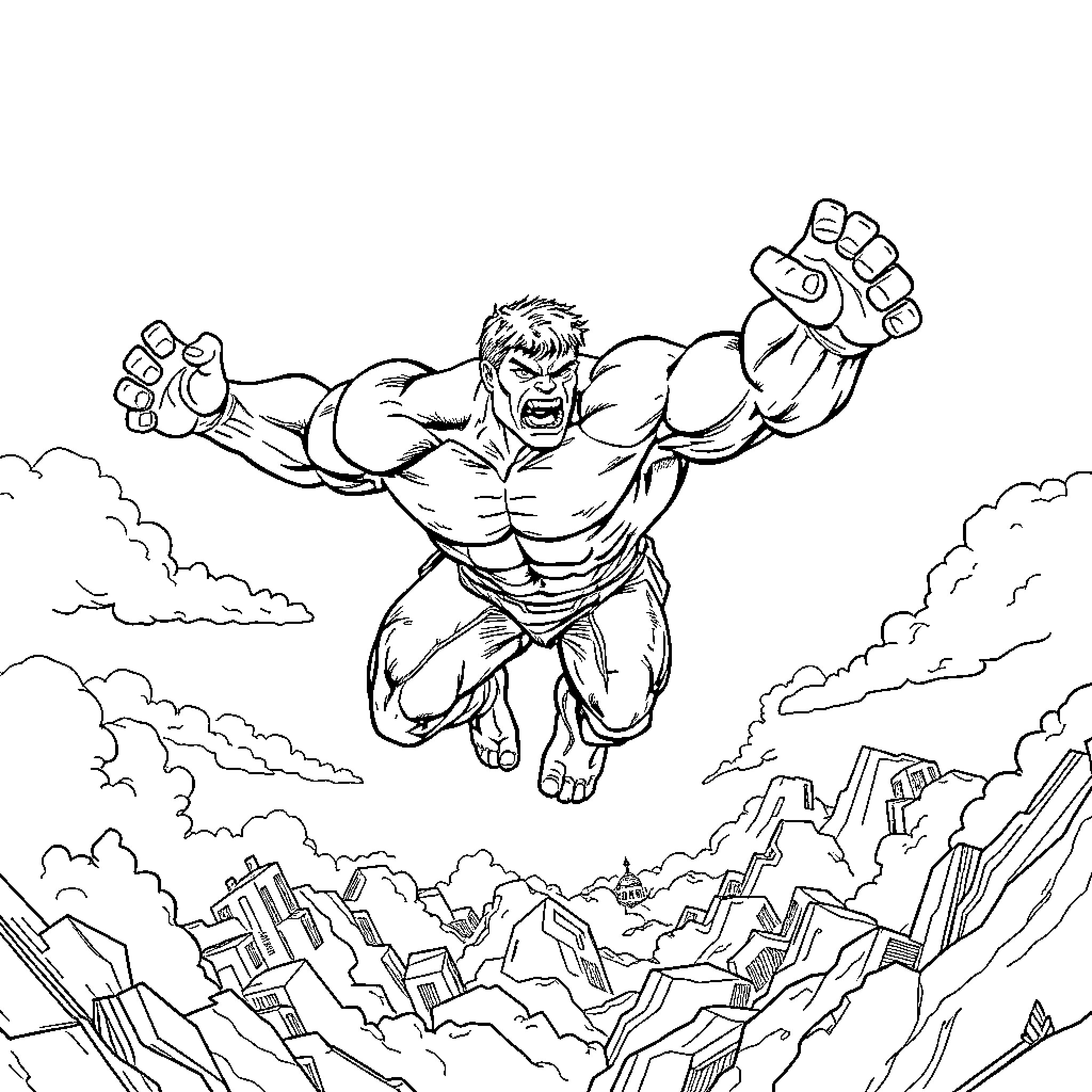 Hulk Soaring Above Devastated Landscape Coloring Page (free black-and-white line drawing printable PDF for all, from beginners to advanced learners, including children, teens, adults, and seniors)