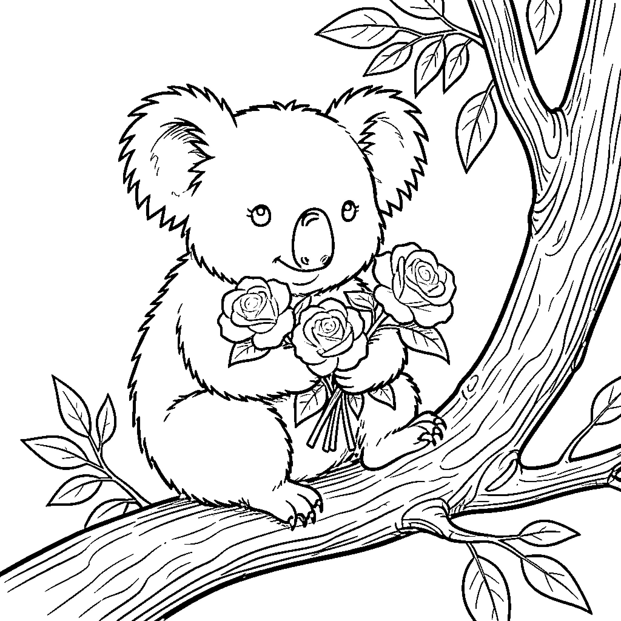 Koala holding a bouquet of roses on a tree branch Coloring Page (free black-and-white line drawing printable PDF for all, from beginners to advanced learners, including children, teens, adults, and seniors)