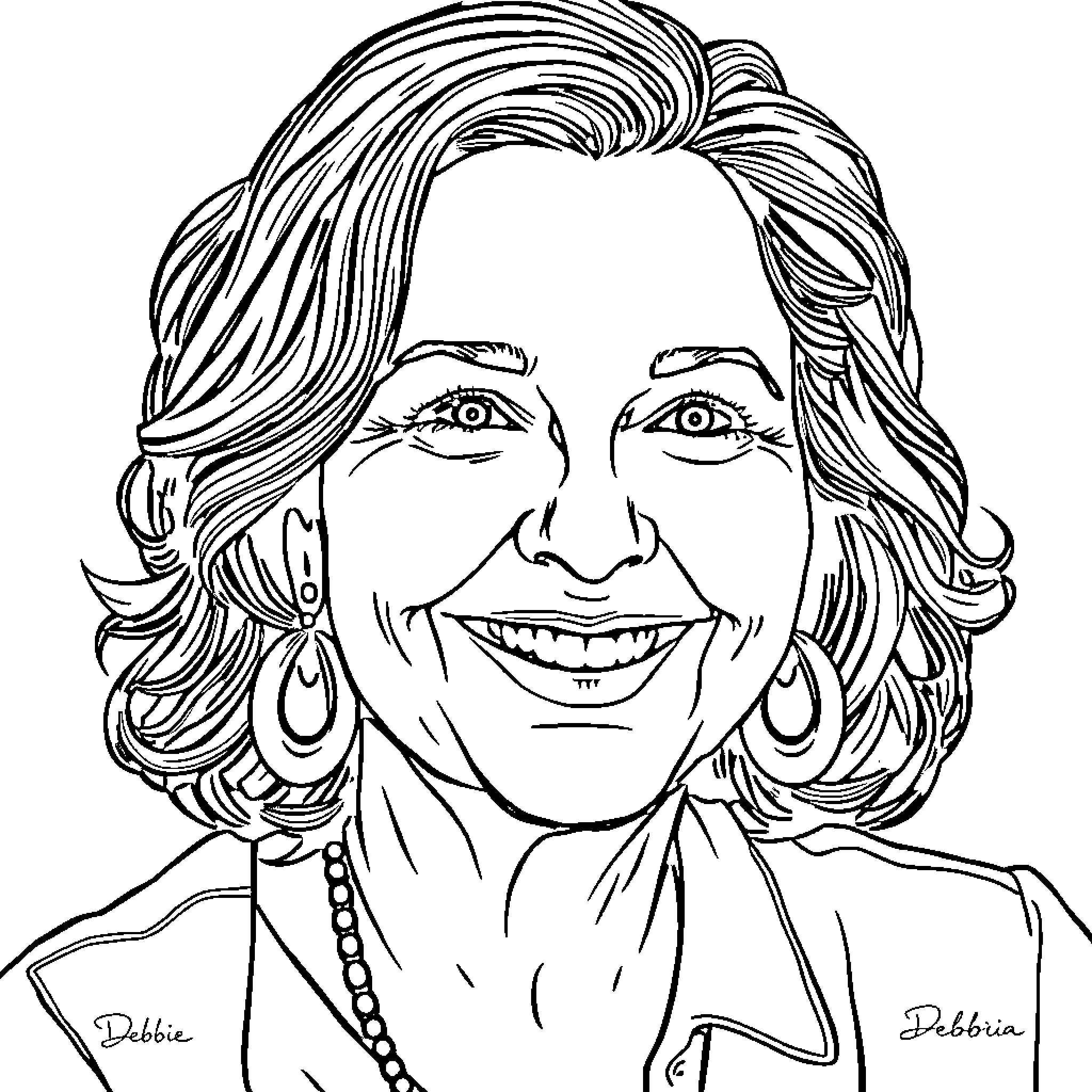 Debbie's Cheerful Smile and Stylish Appearance Coloring Page (free black-and-white line drawing printable PDF for all, from beginners to advanced learners, including children, teens, adults, and seniors)