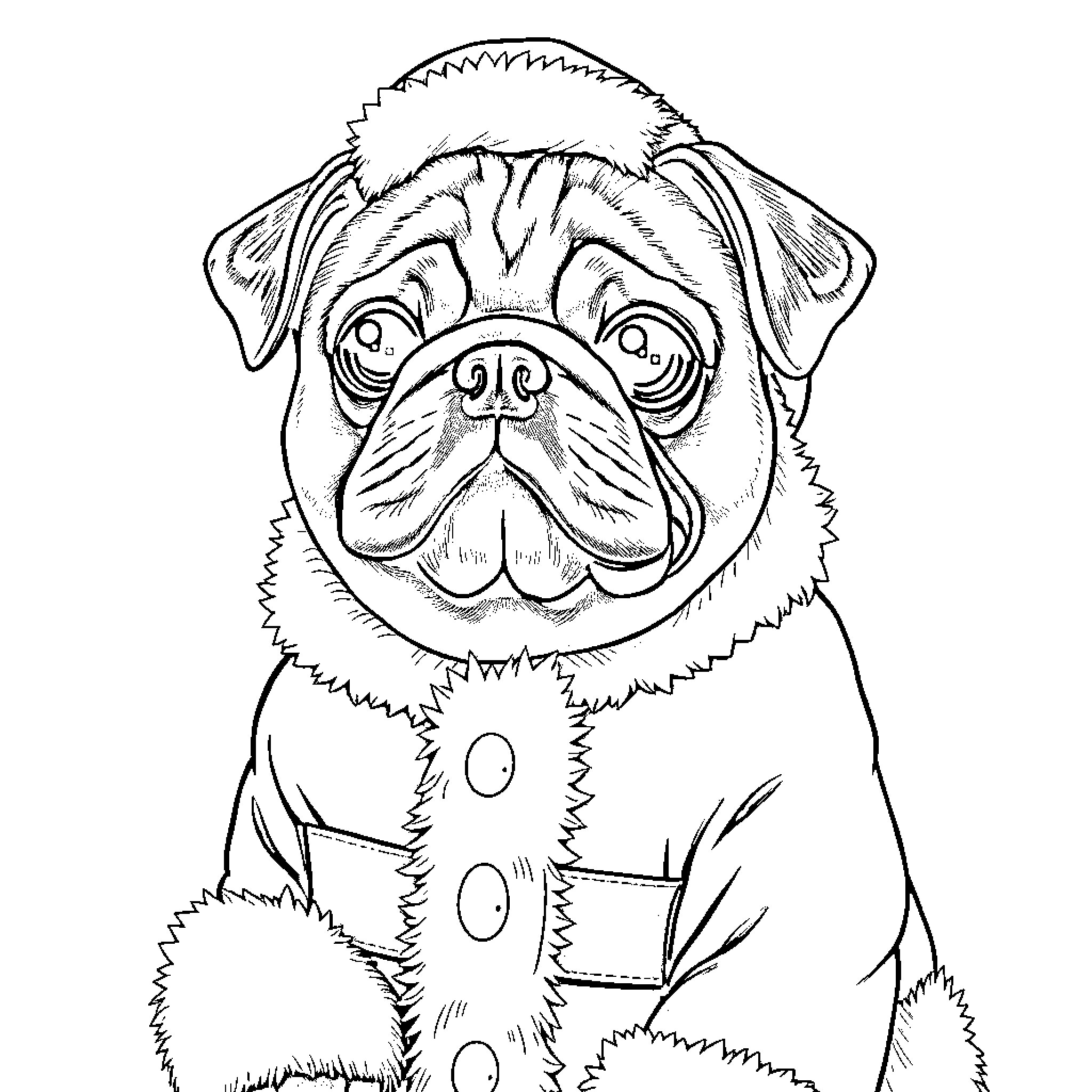 Pug in Festive Outfit Coloring Page (free black-and-white line drawing printable PDF for all, from beginners to advanced learners, including children, teens, adults, and seniors)