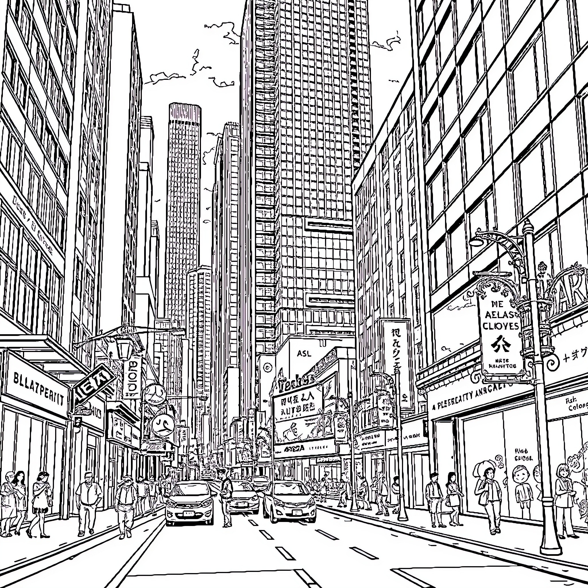 Manga Urban Cityscape with Pedestrians and Skyscrapers Coloring Page (free black-and-white line drawing printable PDF for all, from beginners to advanced learners, including children, teens, adults, and seniors)