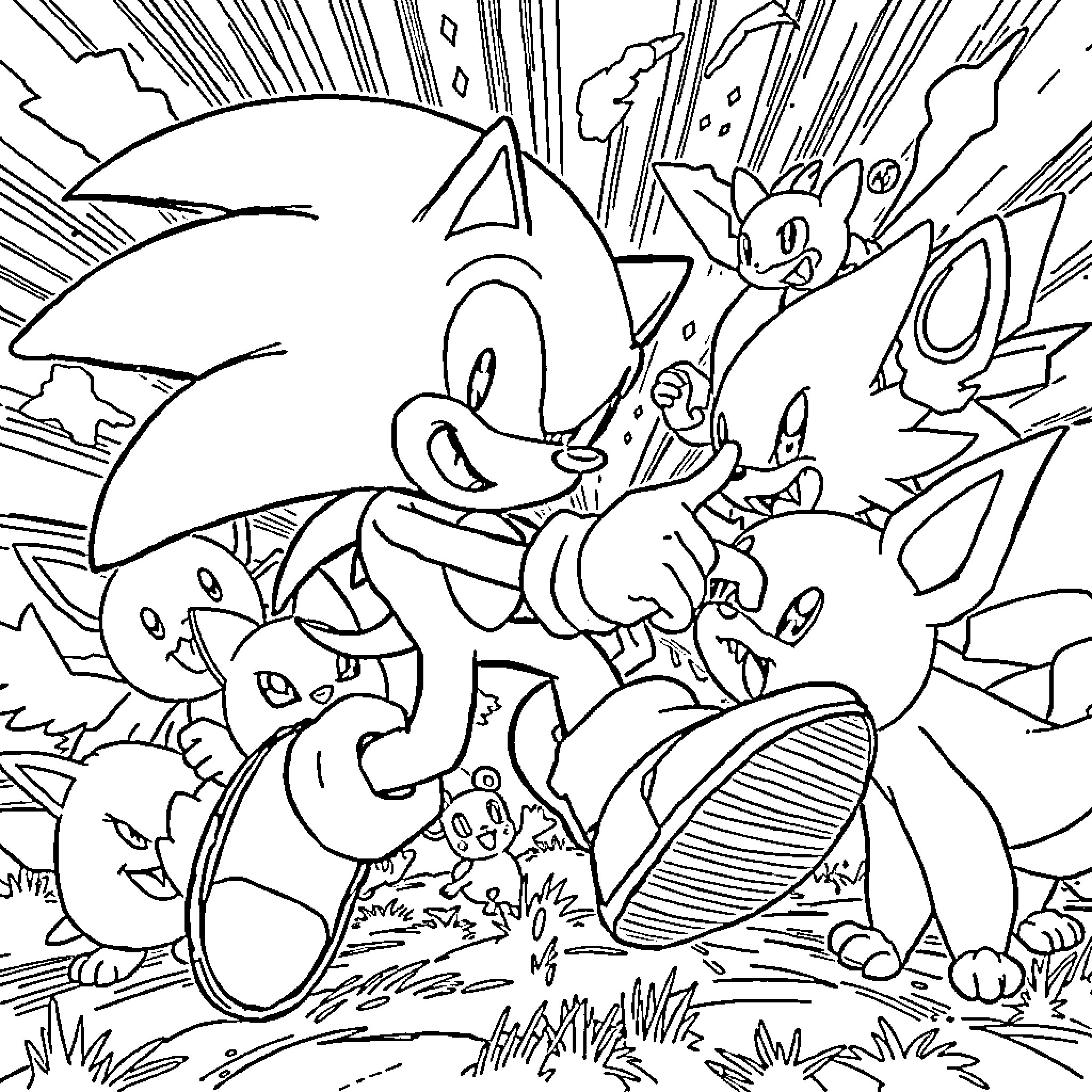 Sonic characters in action-packed adventure Coloring Page (free black-and-white line drawing printable PDF for all, from beginners to advanced learners, including children, teens, adults, and seniors)